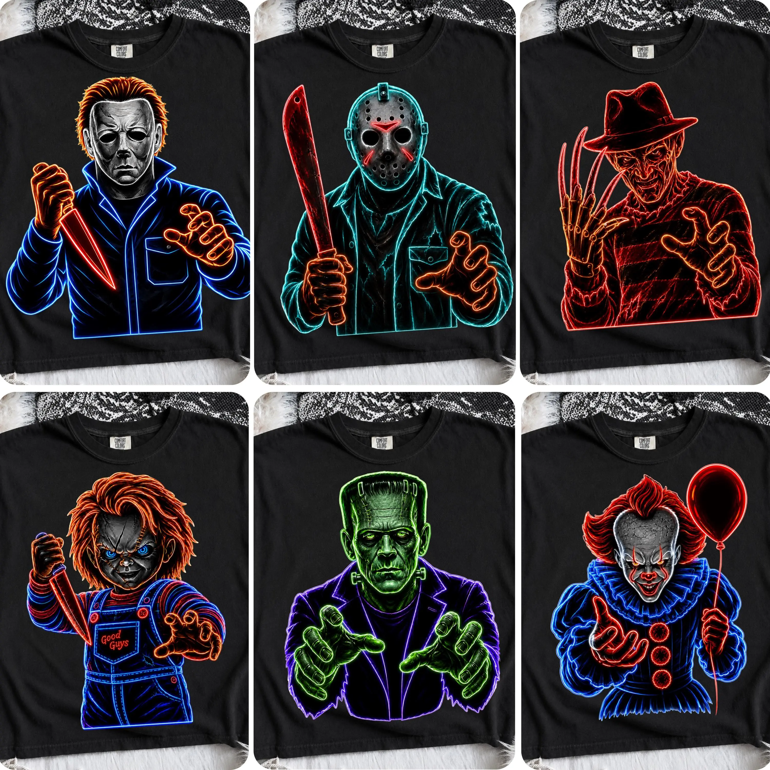 Comfort Colors Preppy Horror Shirt Bundle, Neon Halloween Characters Tee, Retro Spooky Season Gift