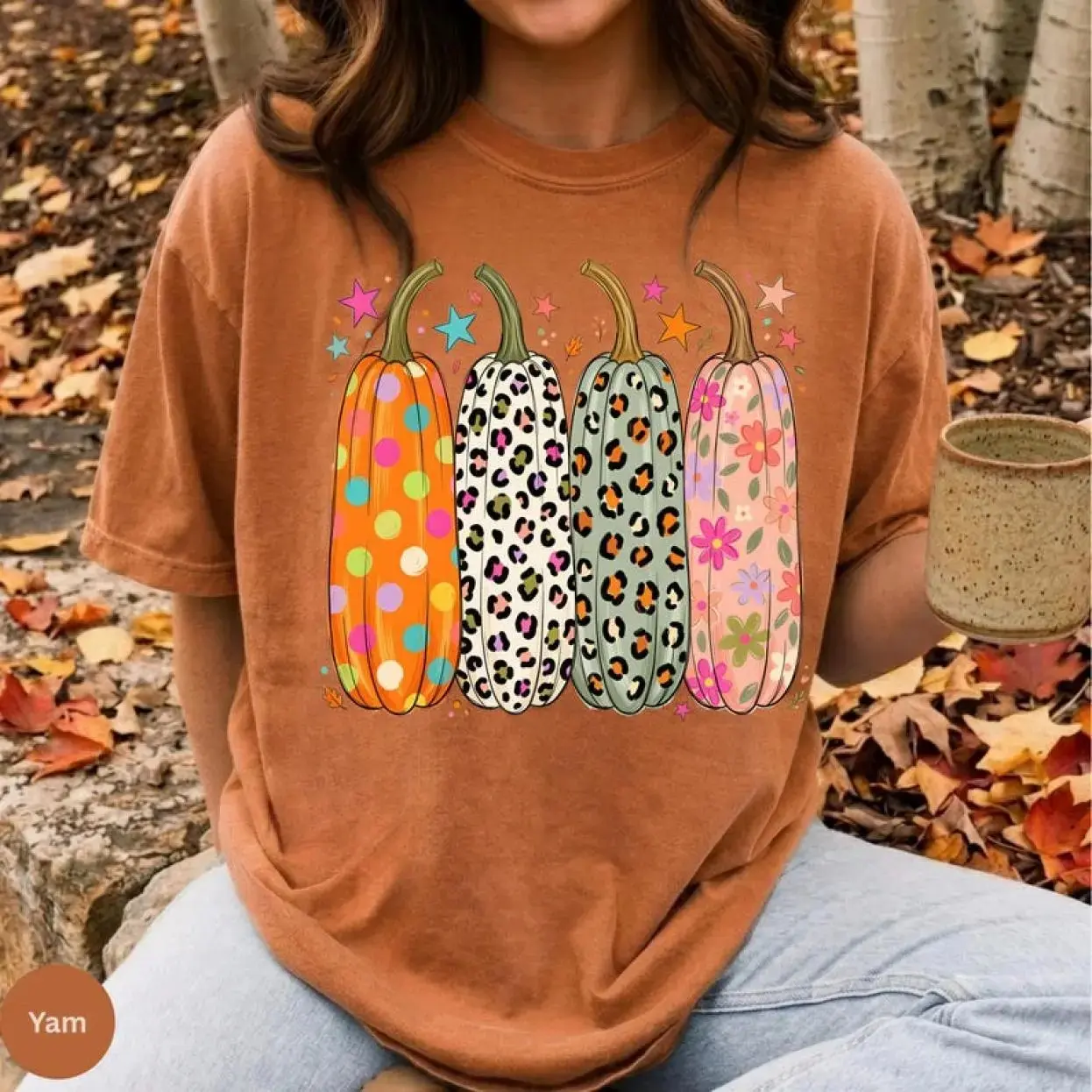 Comfort Colors Preppy Leopard Pumpkin Graphic T-Shirt, Casual Fall Vintage Cotton Short Sleeve Tee For Women