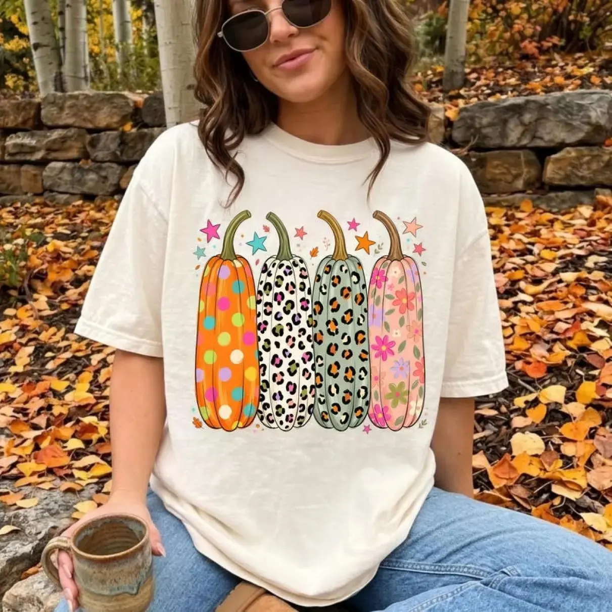 Comfort Colors Preppy Leopard Pumpkin Graphic T-Shirt, Casual Fall Vintage Cotton Short Sleeve Tee For Women - photo 2