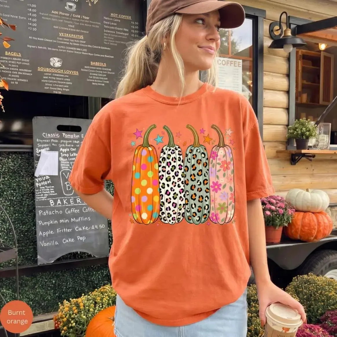 Comfort Colors Preppy Leopard Pumpkin Graphic T-Shirt, Casual Fall Vintage Cotton Short Sleeve Tee For Women - photo 3