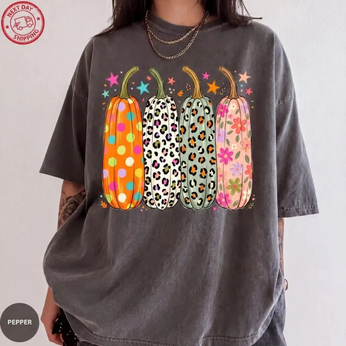 Comfort Colors Preppy Leopard Pumpkin Graphic T-Shirt, Casual Fall Vintage Cotton Short Sleeve Tee For Women - photo 4