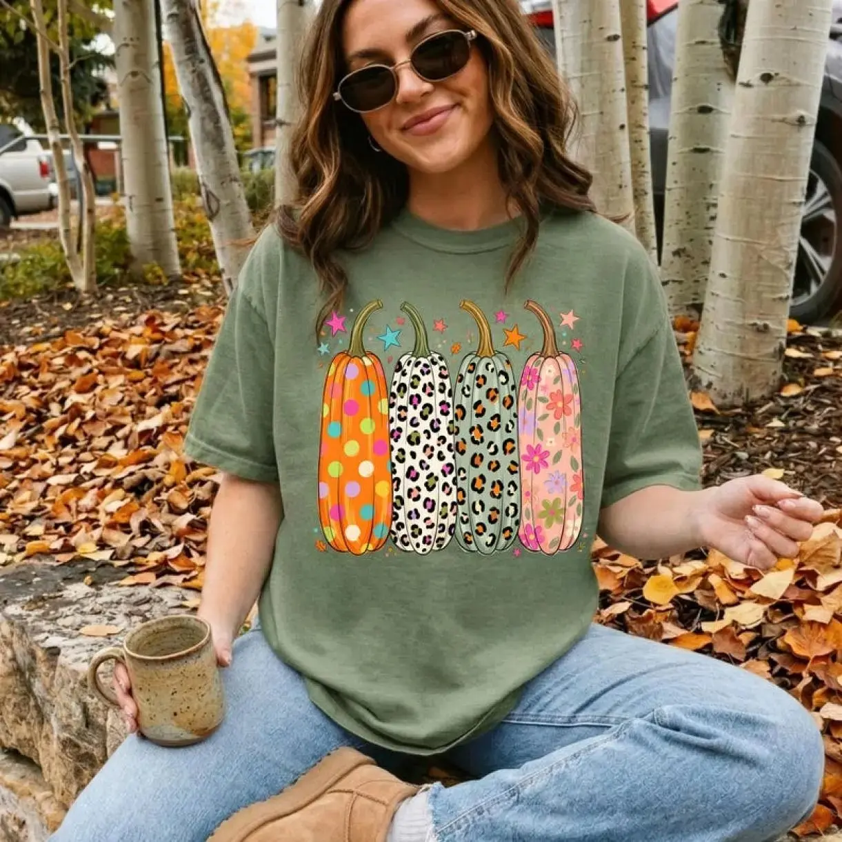 Comfort Colors Preppy Leopard Pumpkin Graphic T-Shirt, Casual Fall Vintage Cotton Short Sleeve Tee For Women - photo 5