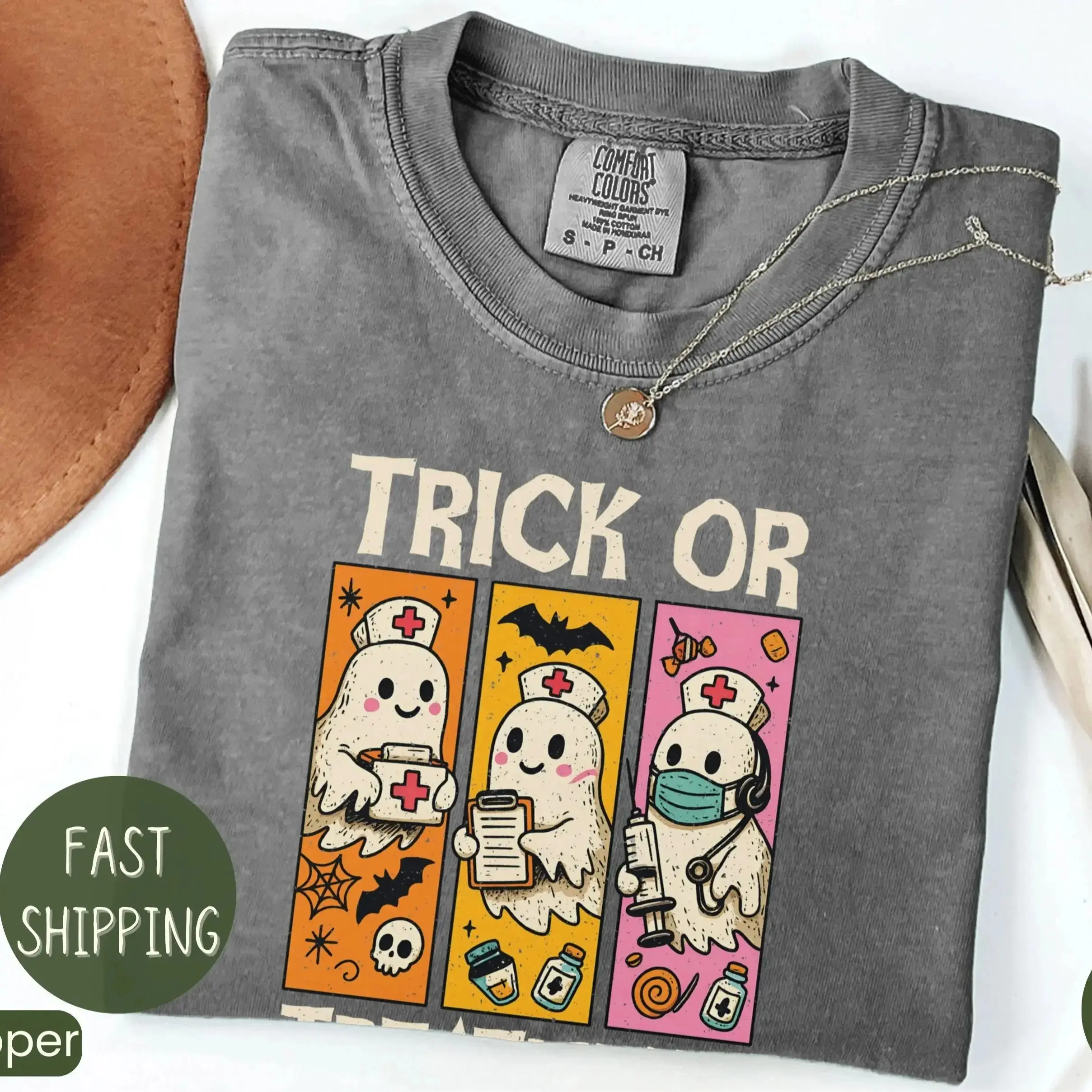 Comfort Colors Preppy Oncology Nurse Halloween Ghost Shirt, Spooky Oncologist Nursing Gift Tee