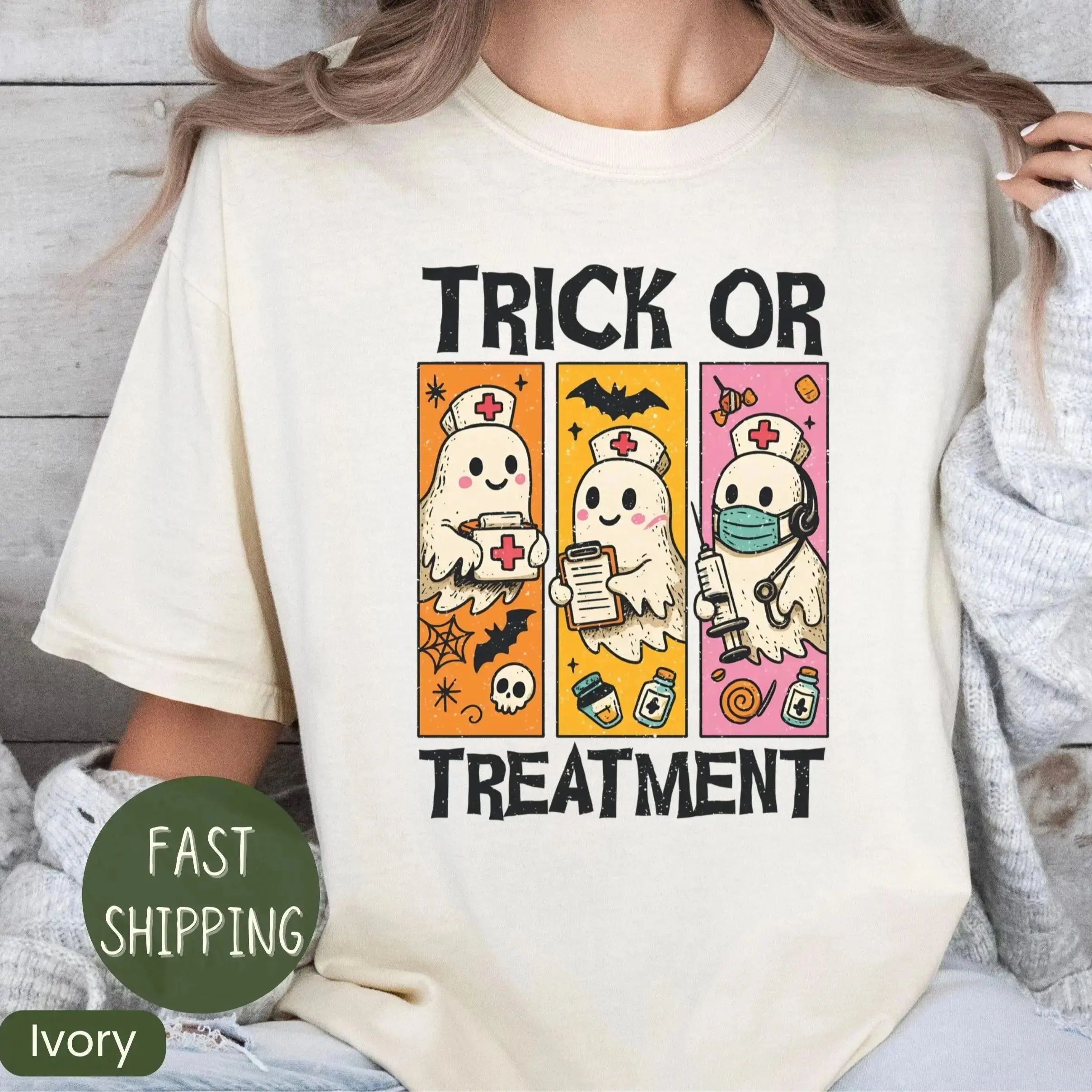 Comfort Colors Preppy Oncology Nurse Halloween Ghost Shirt, Spooky Oncologist Nursing Gift Tee - photo 2