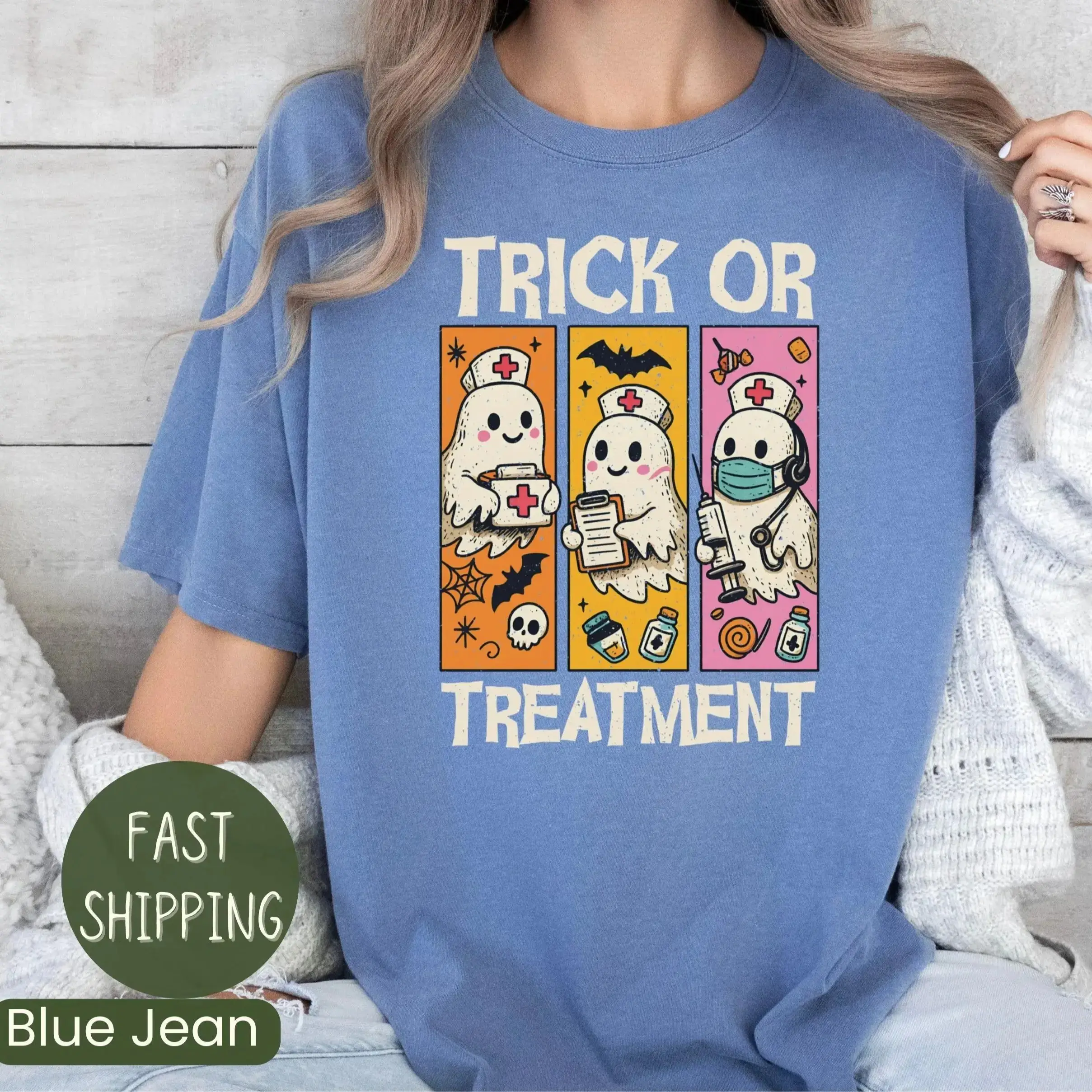 Comfort Colors Preppy Oncology Nurse Halloween Ghost Shirt, Spooky Oncologist Nursing Gift Tee - photo 3