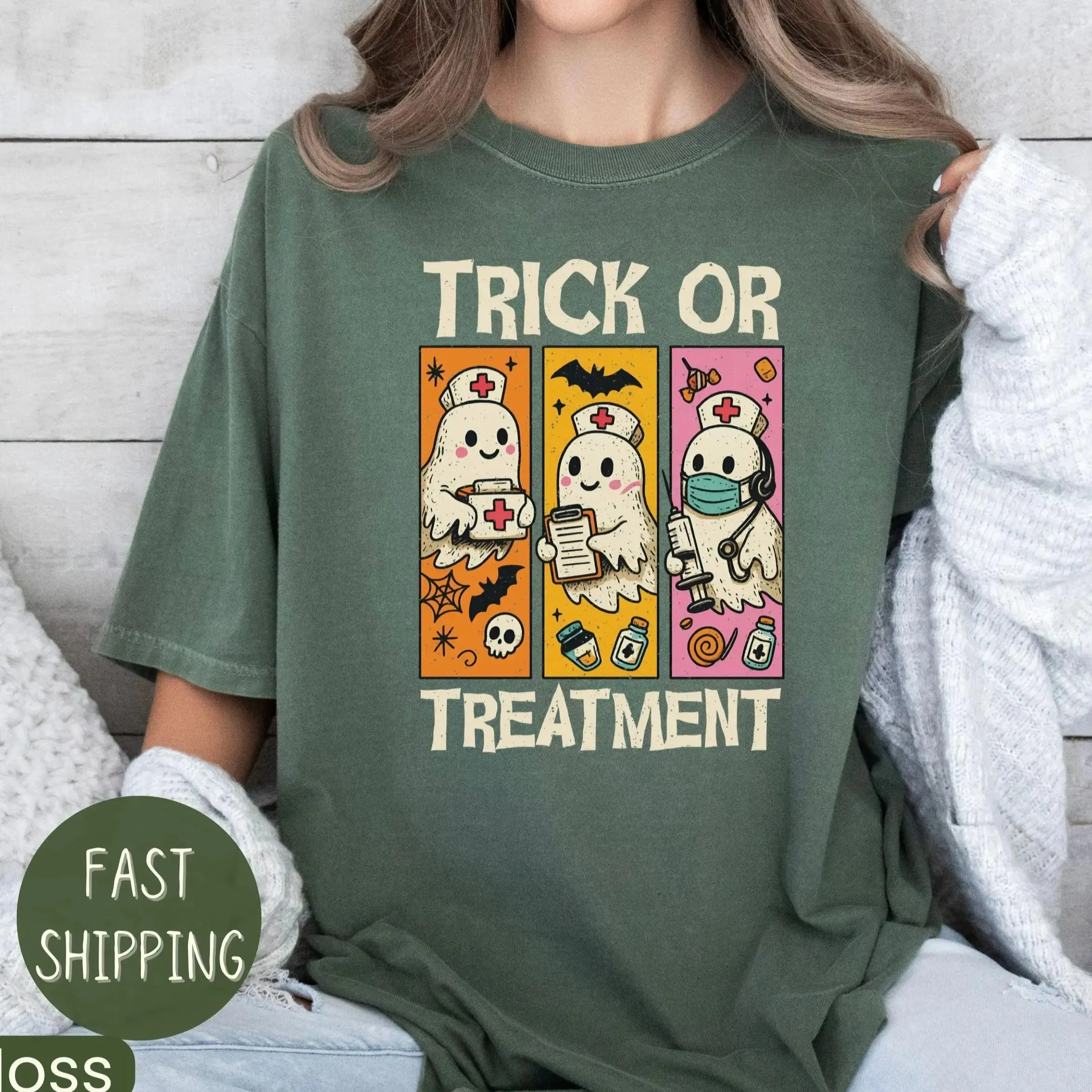 Comfort Colors Preppy Oncology Nurse Halloween Ghost Shirt, Spooky Oncologist Nursing Gift Tee - photo 5