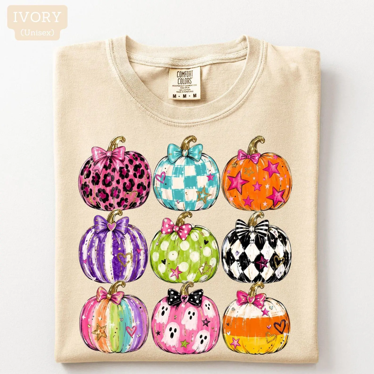 Comfort Colors Preppy Pumpkin Shirt, Coquette Halloween Colorful Bow Graphic Tee, Cute Fall Gift - photo 2