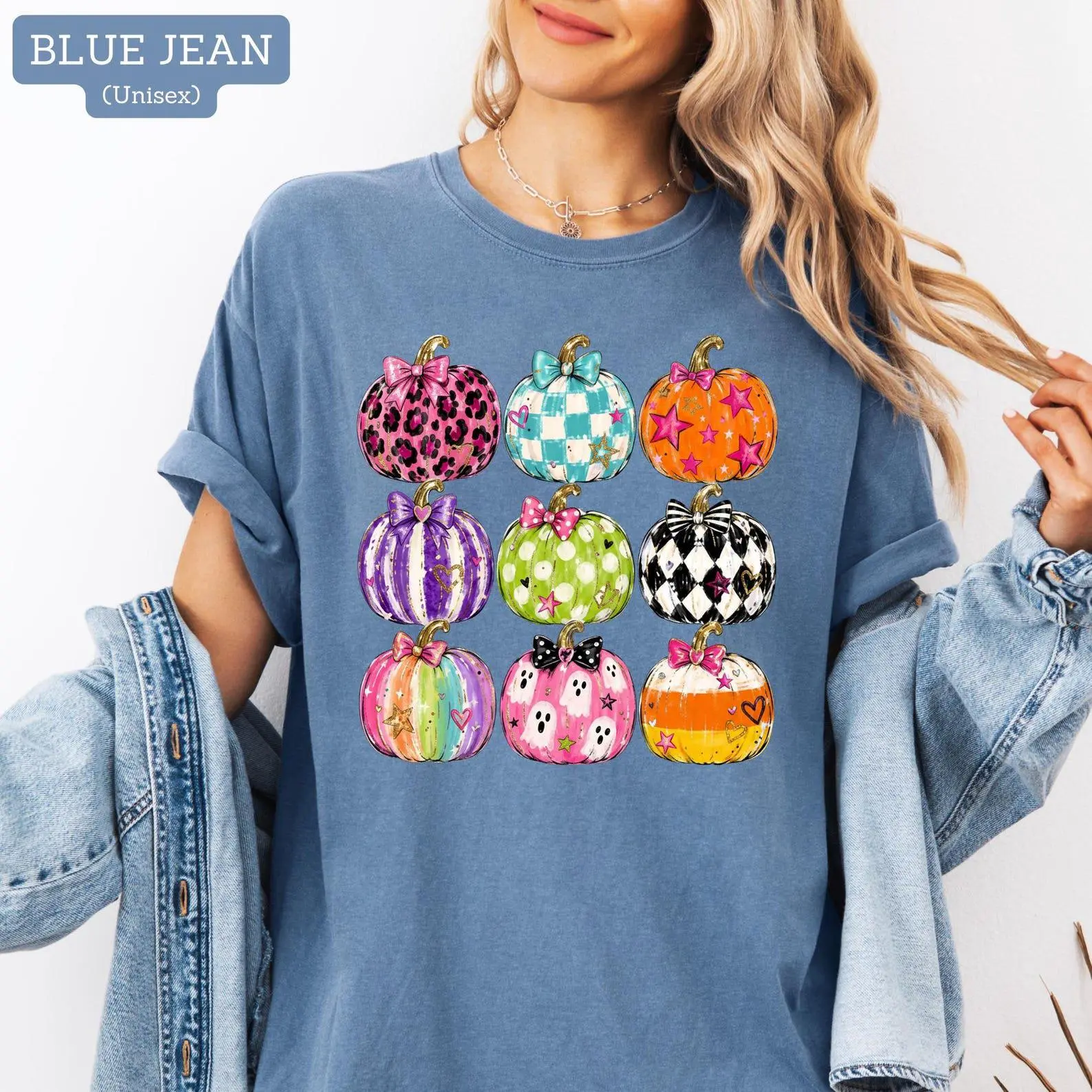 Comfort Colors Preppy Pumpkin Shirt, Coquette Halloween Colorful Bow Graphic Tee, Cute Fall Gift - photo 3