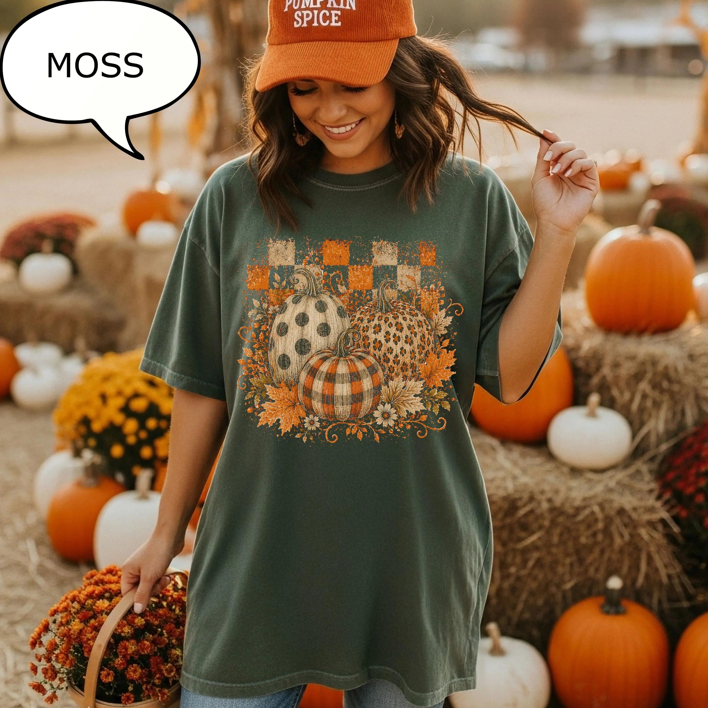 Comfort Colors Preppy Pumpkin T-Shirt, Checkered Autumn Aesthetic Graphic Tee, Cozy Fall Gift - photo 2