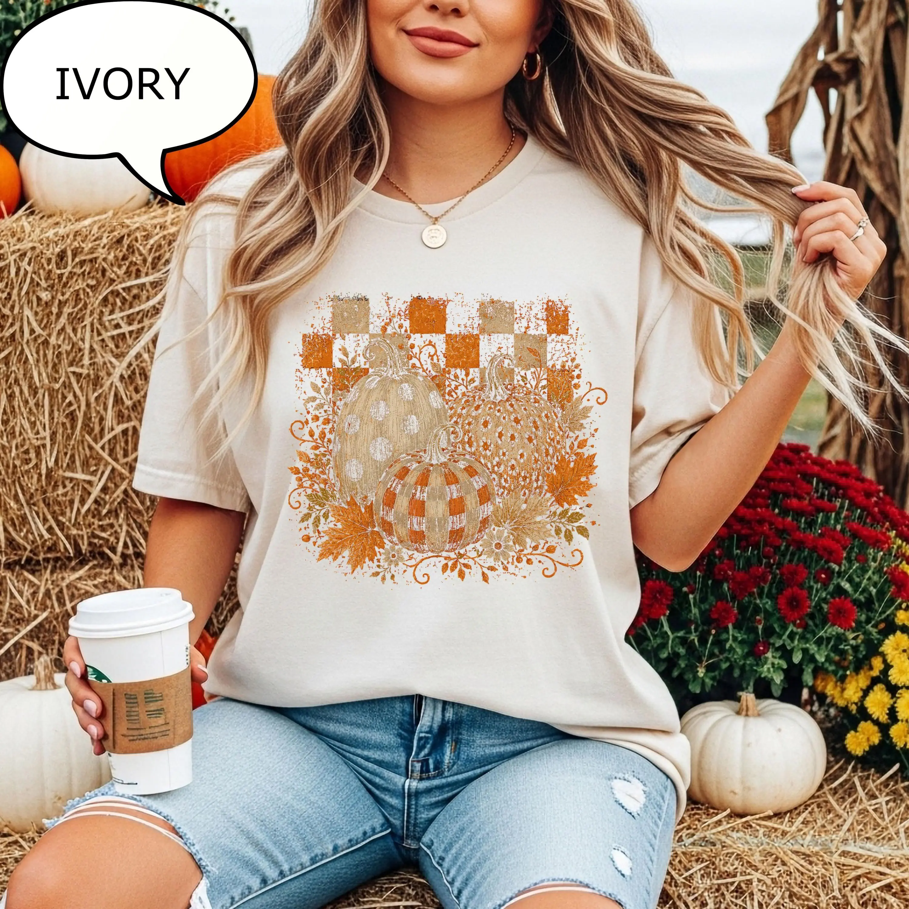 Comfort Colors Preppy Pumpkin T-Shirt, Checkered Autumn Aesthetic Graphic Tee, Cozy Fall Gift - photo 3