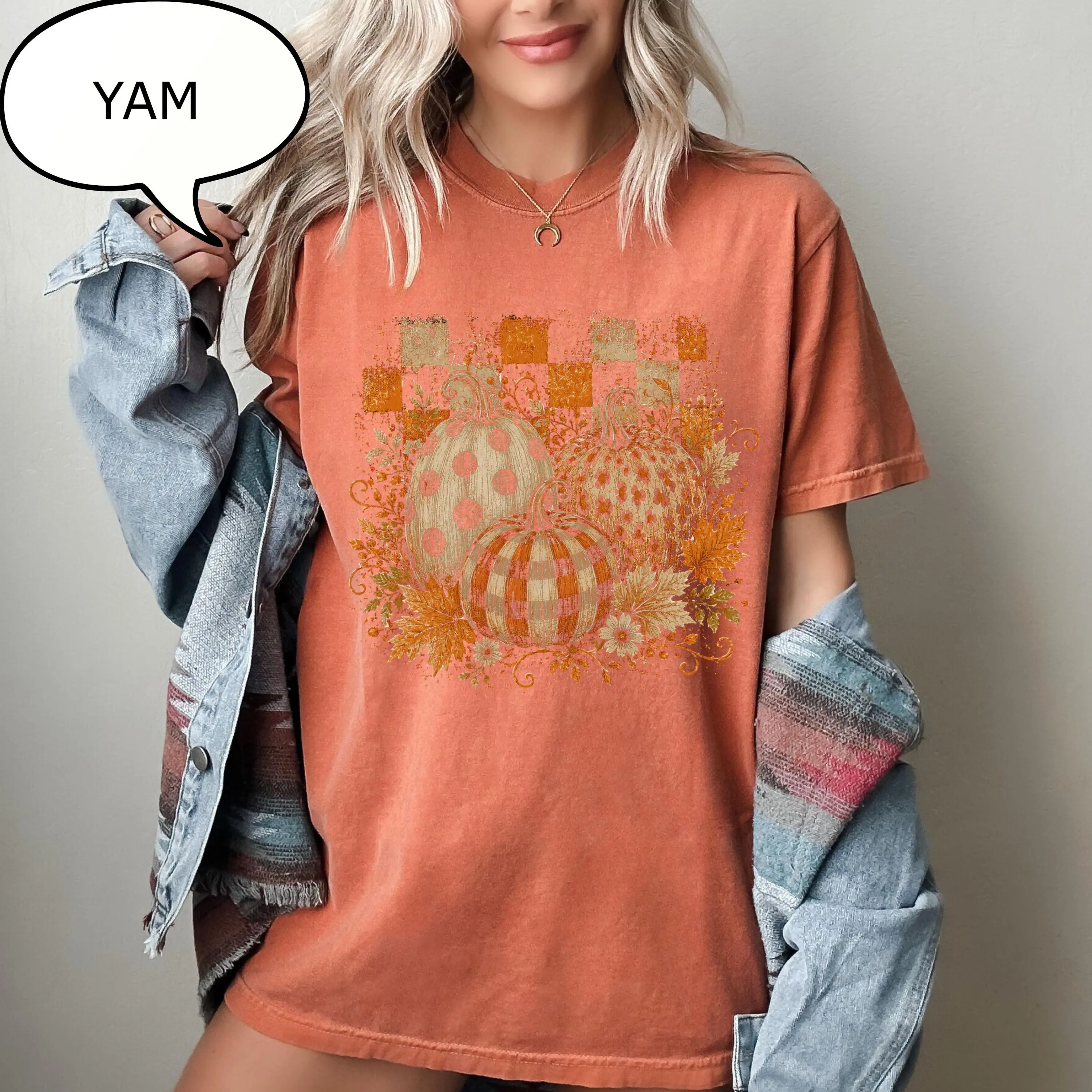 Comfort Colors Preppy Pumpkin T-Shirt, Checkered Autumn Aesthetic Graphic Tee, Cozy Fall Gift - photo 4