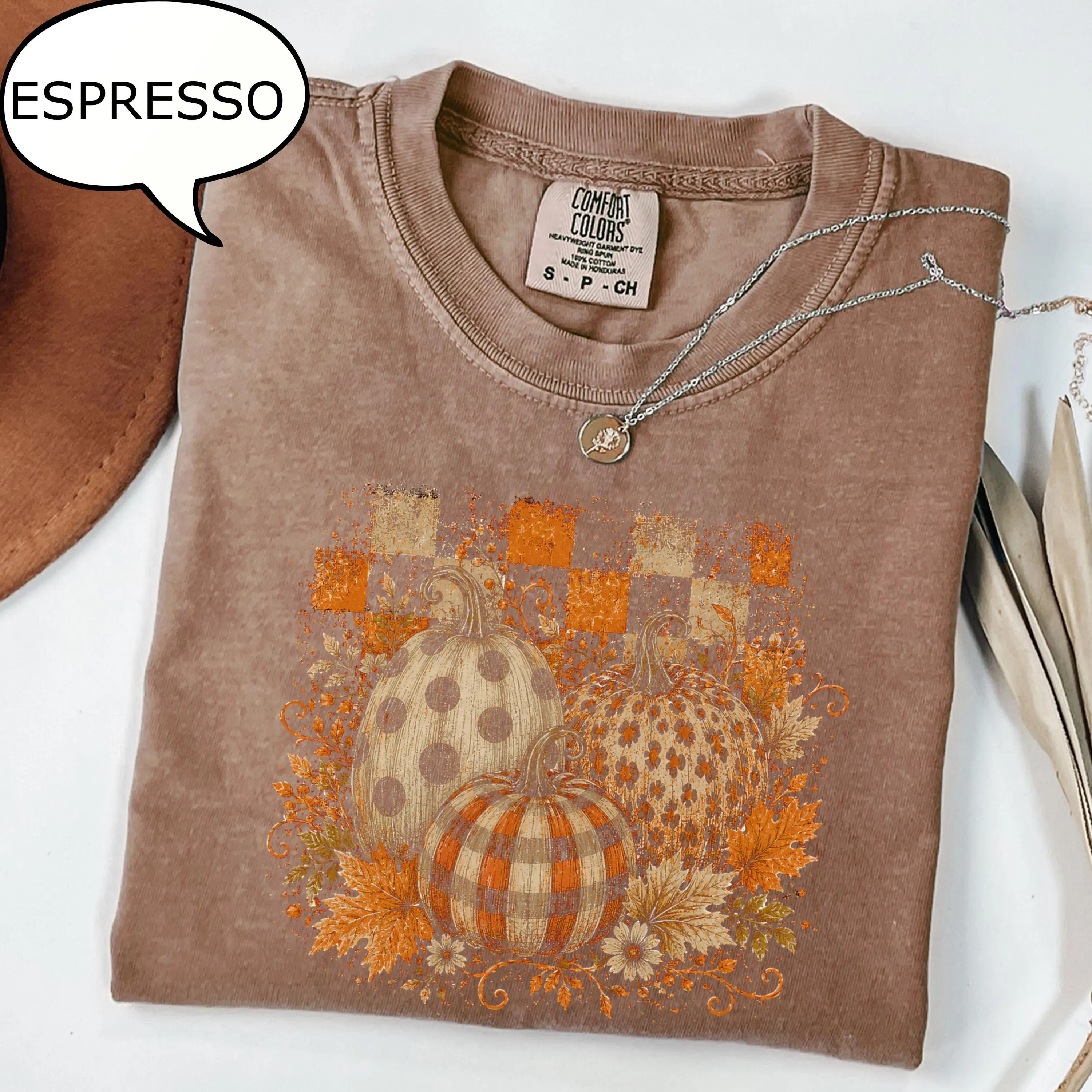 Comfort Colors Preppy Pumpkin T-Shirt, Checkered Autumn Aesthetic Graphic Tee, Cozy Fall Gift - photo 5