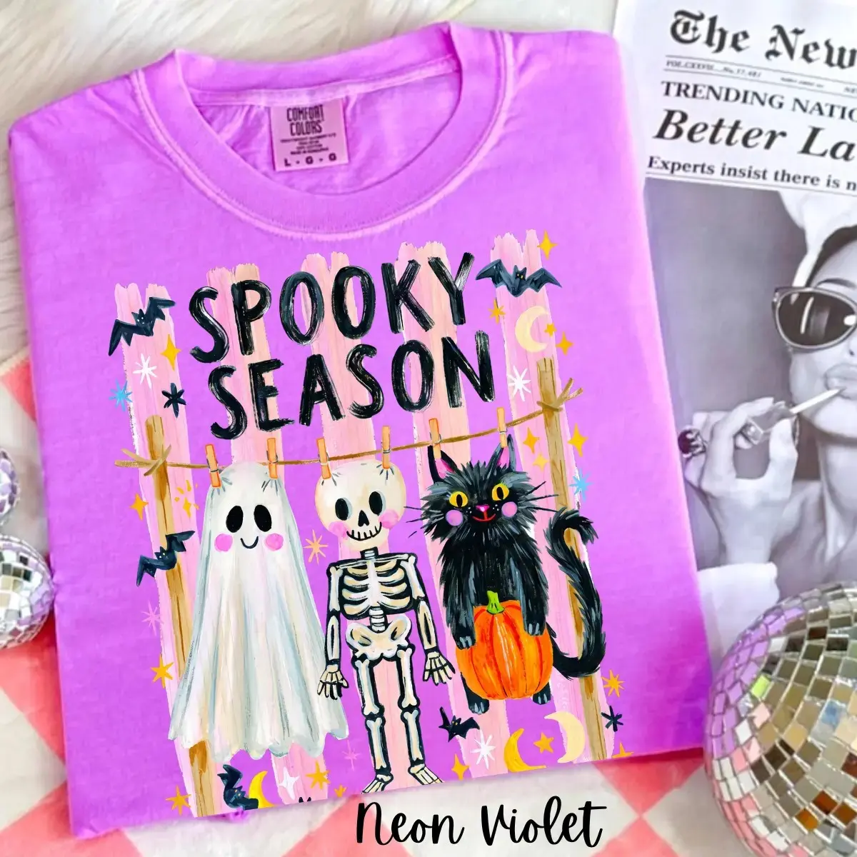 Comfort Colors Preppy Spooky Season Shirt, Cute Coquette Skeleton Halloween Tee, Girly Black Cat Ghost Graphic Trendy Fall Top