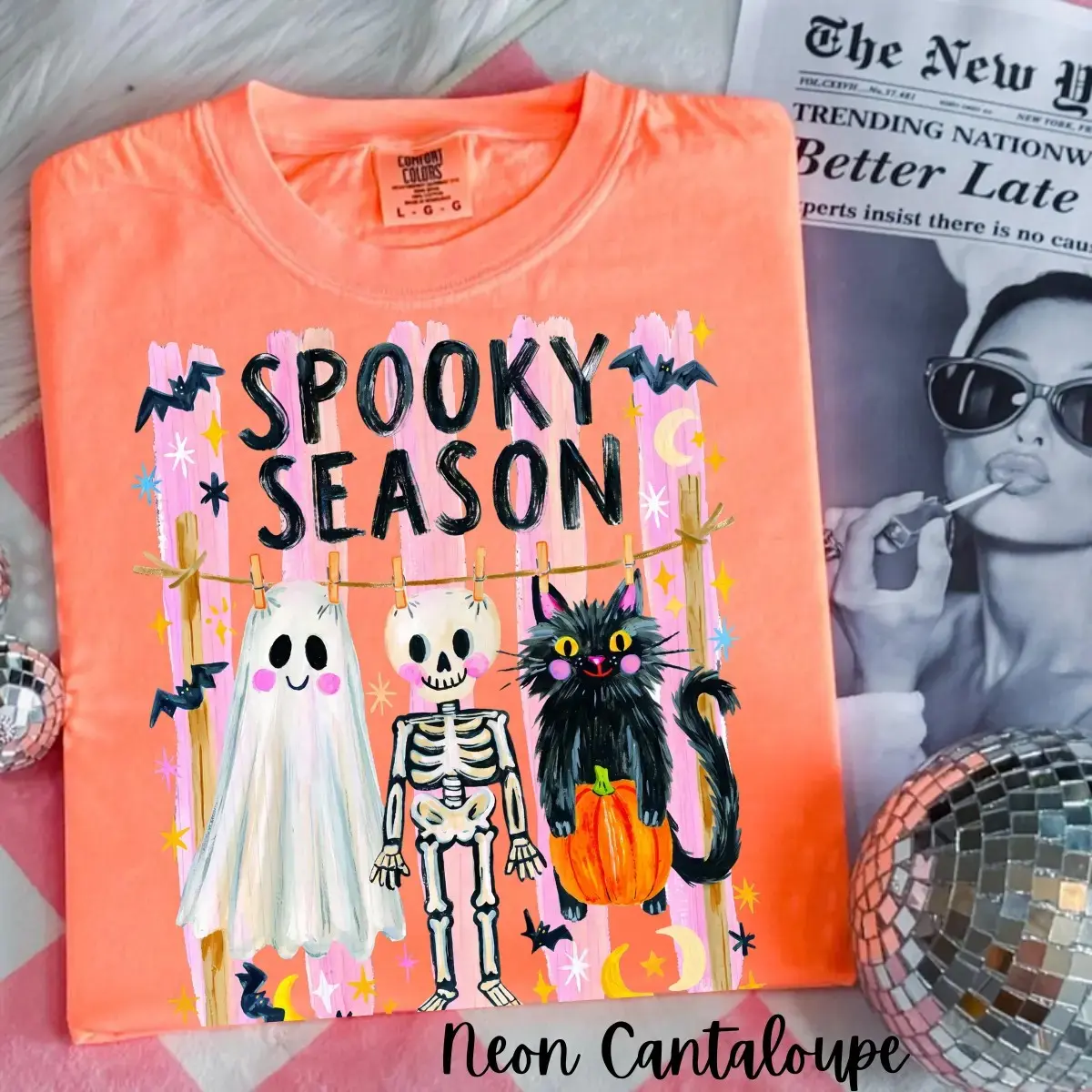 Comfort Colors Preppy Spooky Season Shirt, Cute Coquette Skeleton Halloween Tee, Girly Black Cat Ghost Graphic Trendy Fall Top - photo 2