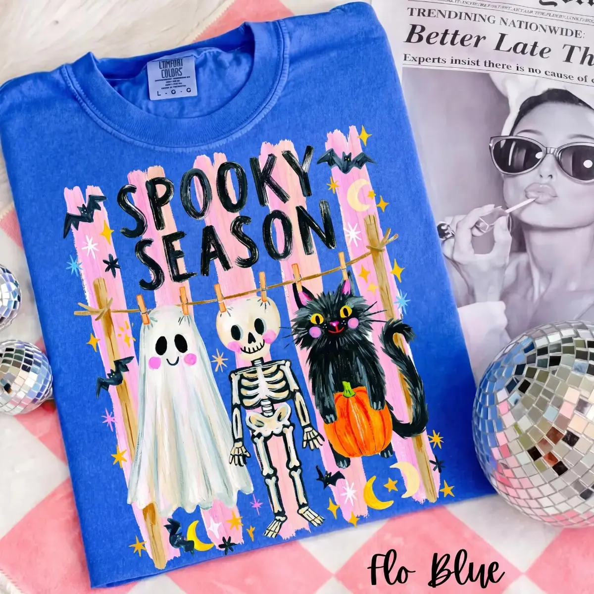 Comfort Colors Preppy Spooky Season Shirt, Cute Coquette Skeleton Halloween Tee, Girly Black Cat Ghost Graphic Trendy Fall Top - photo 3