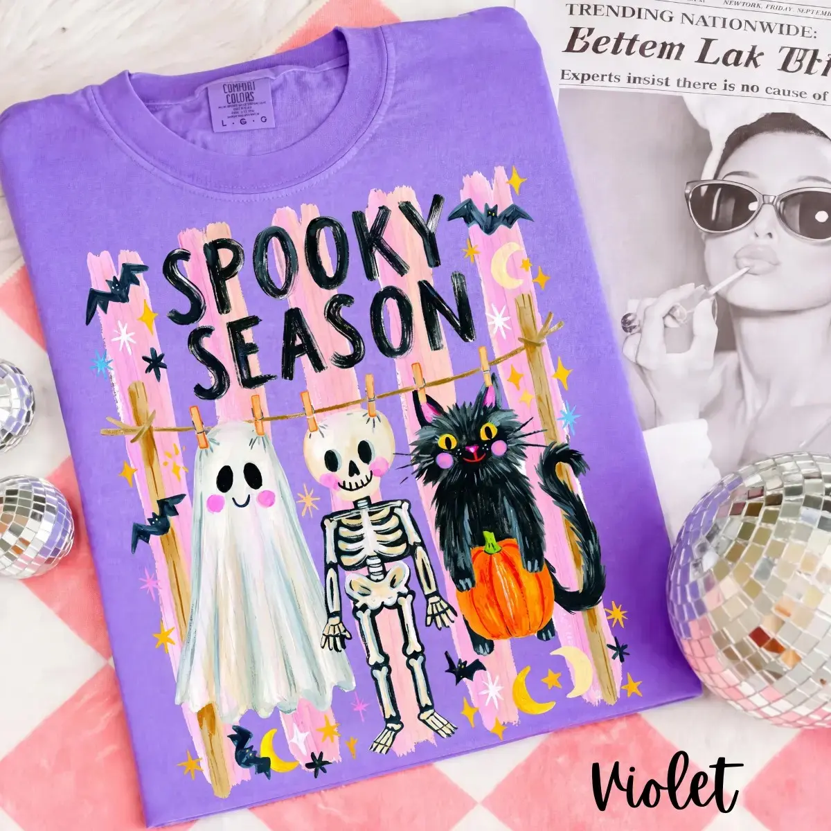 Comfort Colors Preppy Spooky Season Shirt, Cute Coquette Skeleton Halloween Tee, Girly Black Cat Ghost Graphic Trendy Fall Top - photo 4