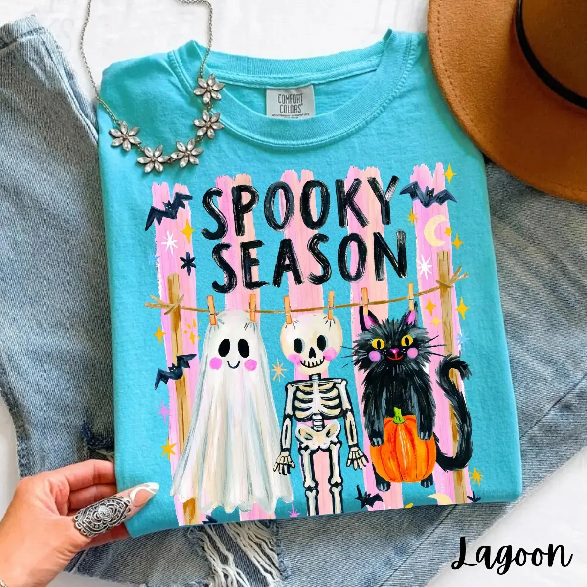 Comfort Colors Preppy Spooky Season Shirt, Cute Coquette Skeleton Halloween Tee, Girly Black Cat Ghost Graphic Trendy Fall Top - photo 5