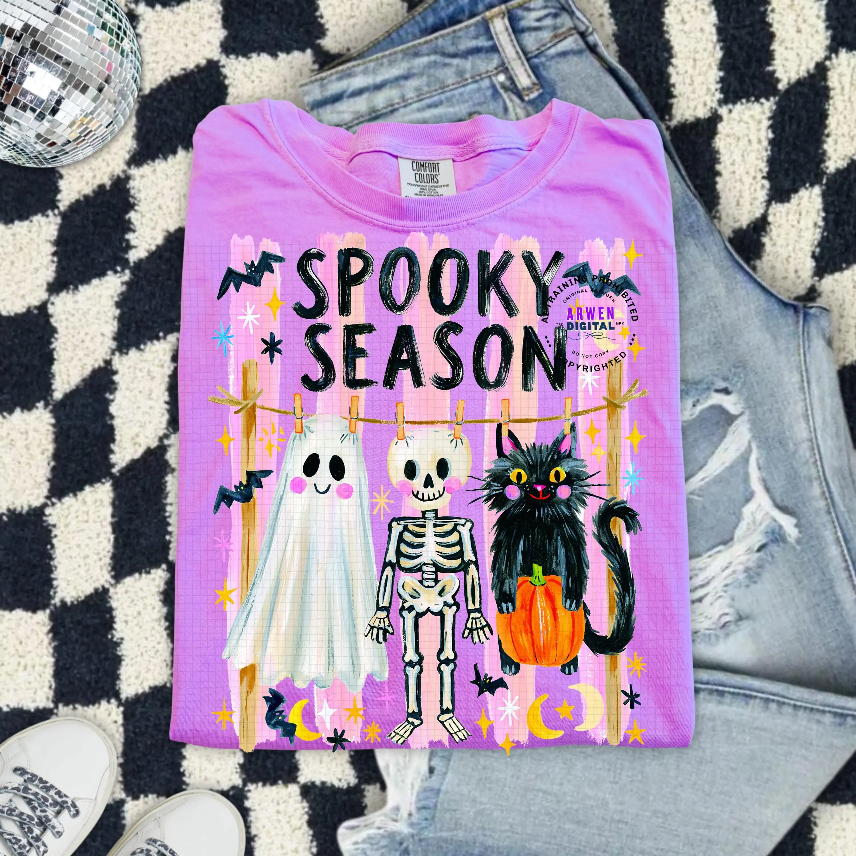 Comfort Colors Preppy Skeleton Shirt, Girly Coquette Striped Halloween Spooky Season Womens Fall Tee