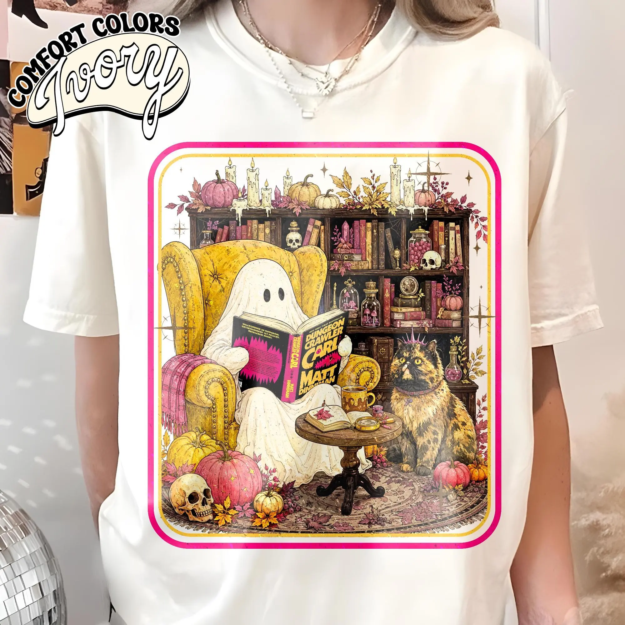 Comfort Colors Princess Donut Fantasy Book Reader Tee, Ghost Reading Bookish Halloween Dungeon Crawler Carl Shirt - photo 1