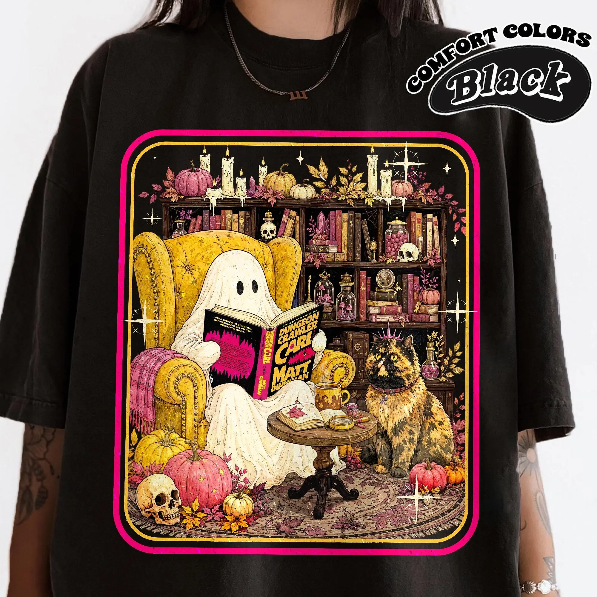 Comfort Colors Princess Donut Fantasy Book Reader Tee, Ghost Reading Bookish Halloween Dungeon Crawler Carl Shirt - photo 3