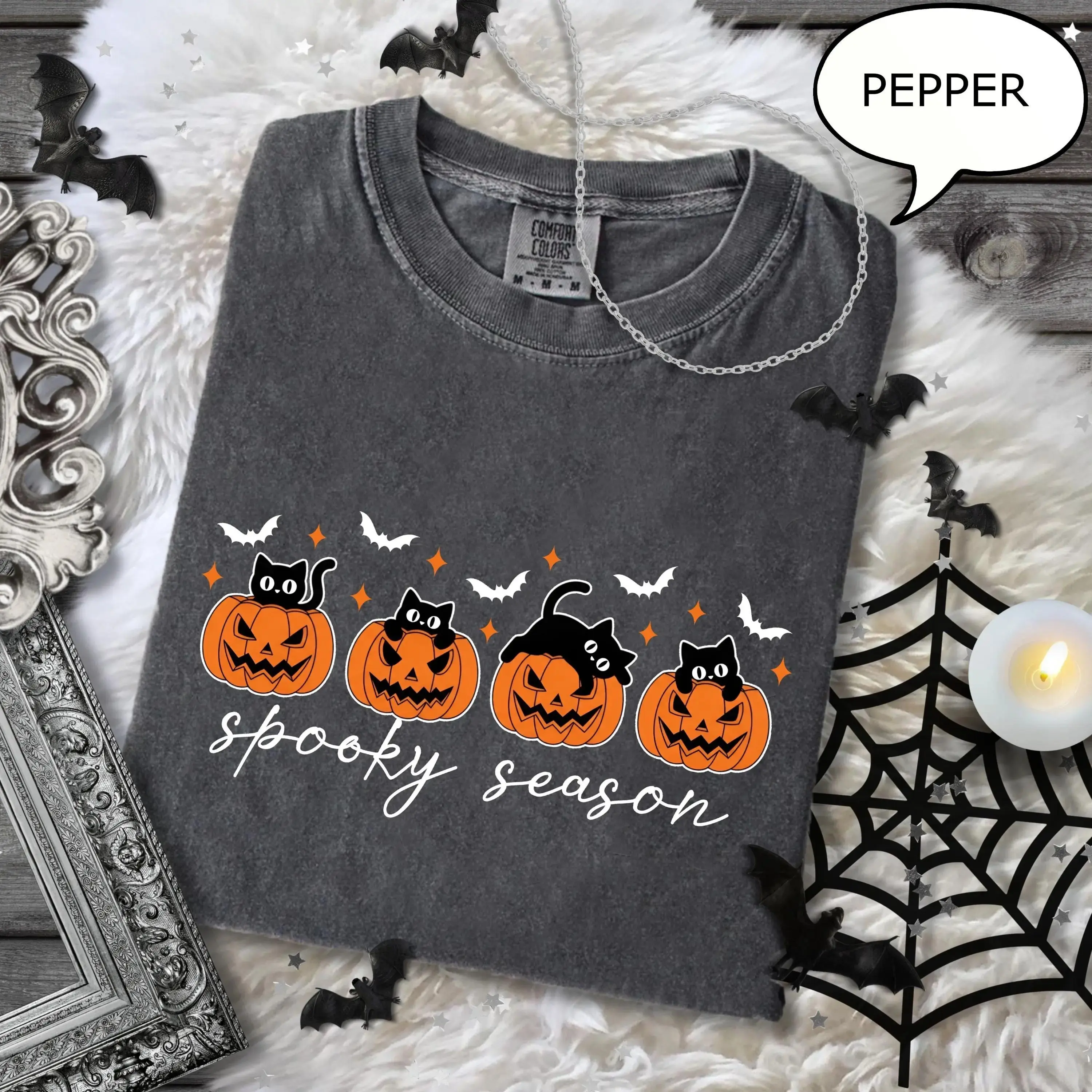 Comfort Colors Pumpkin and Cat T-Shirt, Cute Womens Spooky Season Fall Halloween Graphic Tee