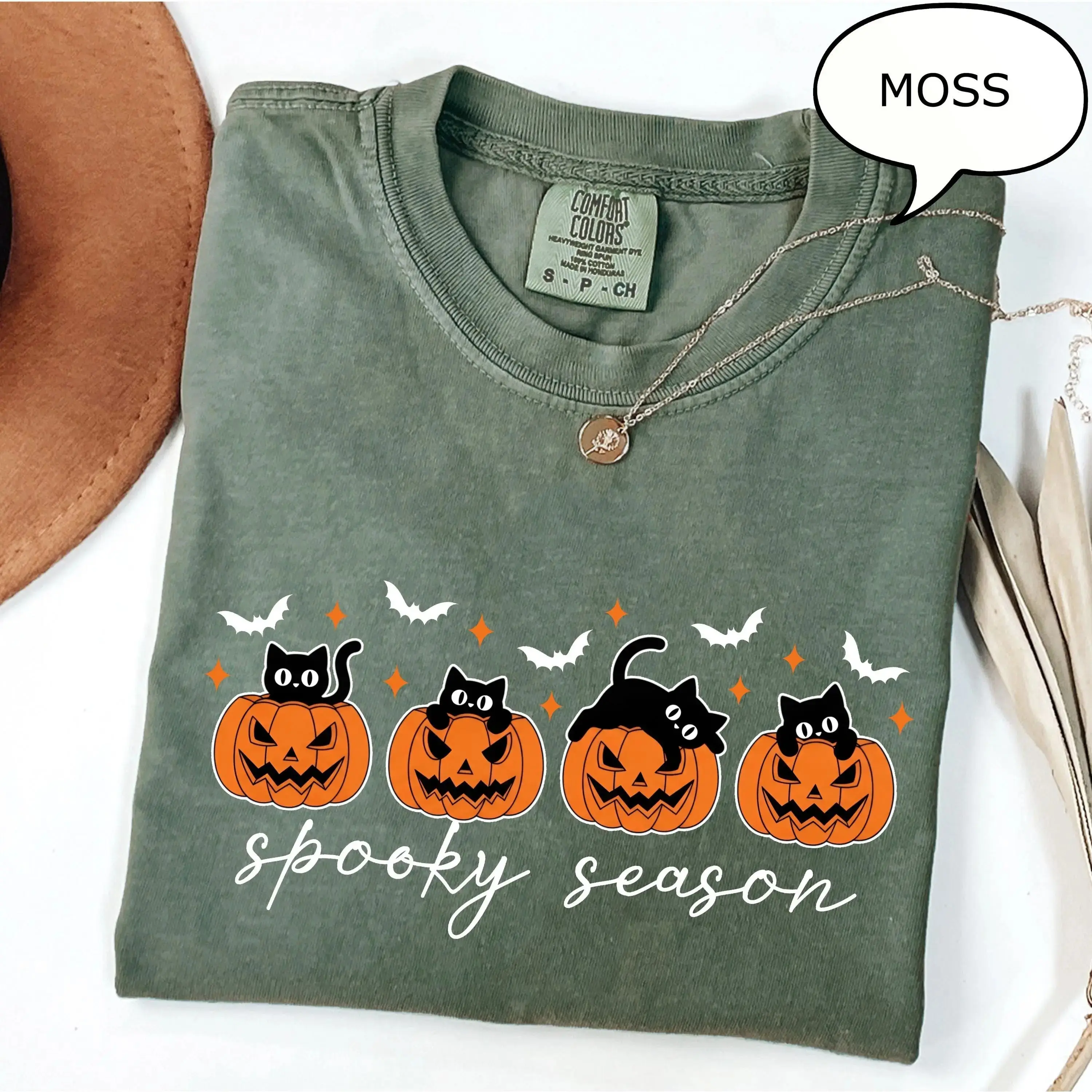 Comfort Colors Pumpkin and Cat T-Shirt, Cute Womens Spooky Season Fall Halloween Graphic Tee - photo 2