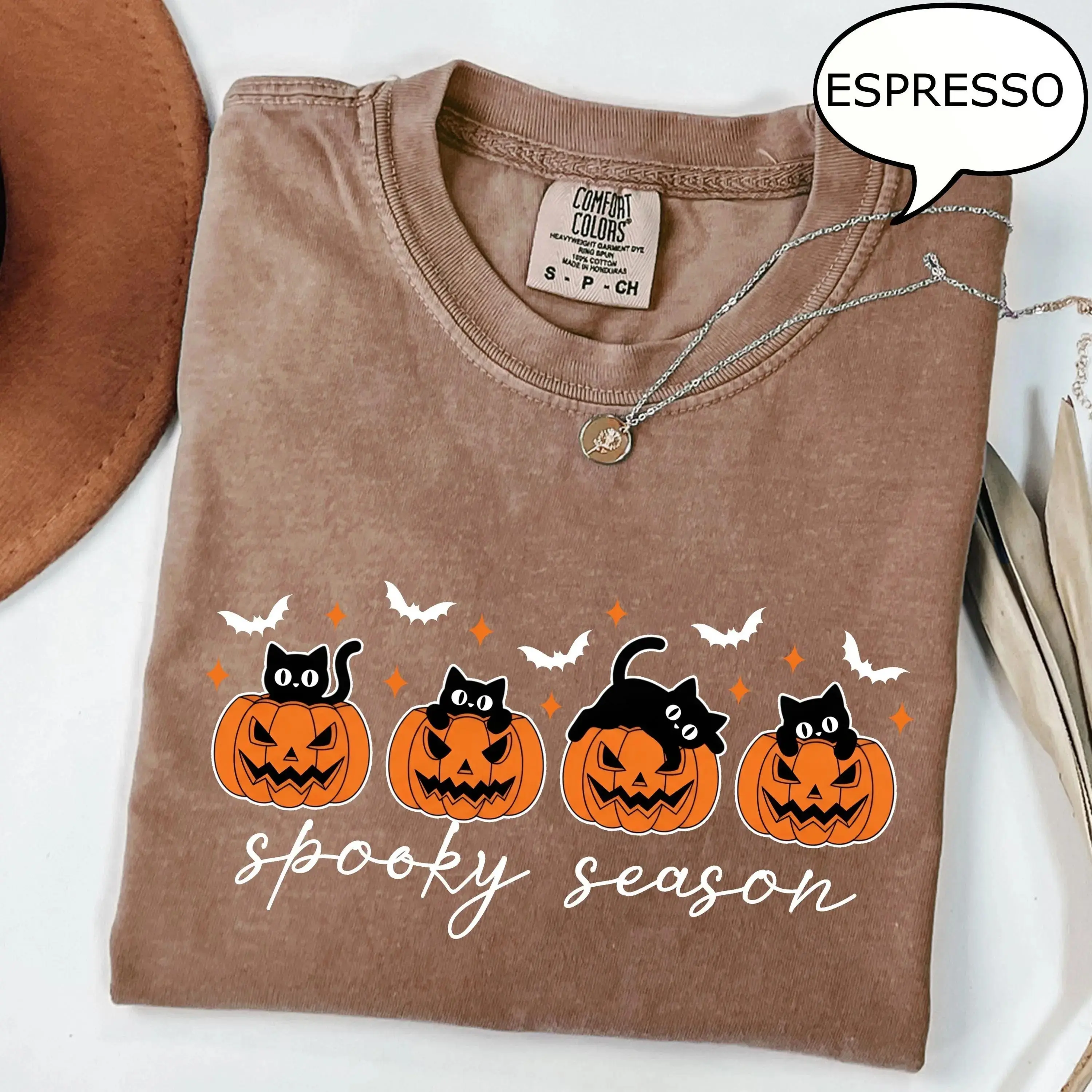 Comfort Colors Pumpkin and Cat T-Shirt, Cute Womens Spooky Season Fall Halloween Graphic Tee - photo 3