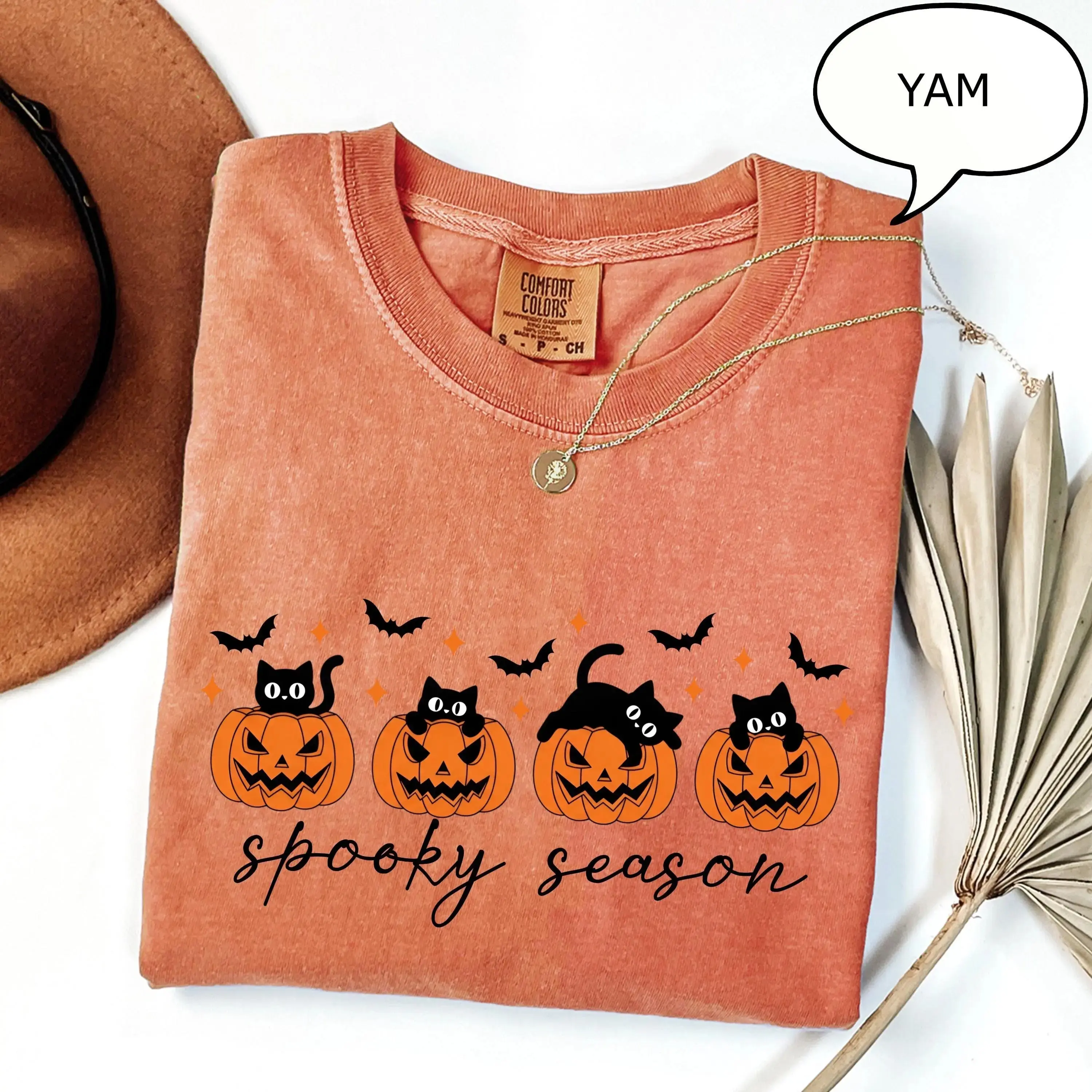 Comfort Colors Pumpkin and Cat T-Shirt, Cute Womens Spooky Season Fall Halloween Graphic Tee - photo 4