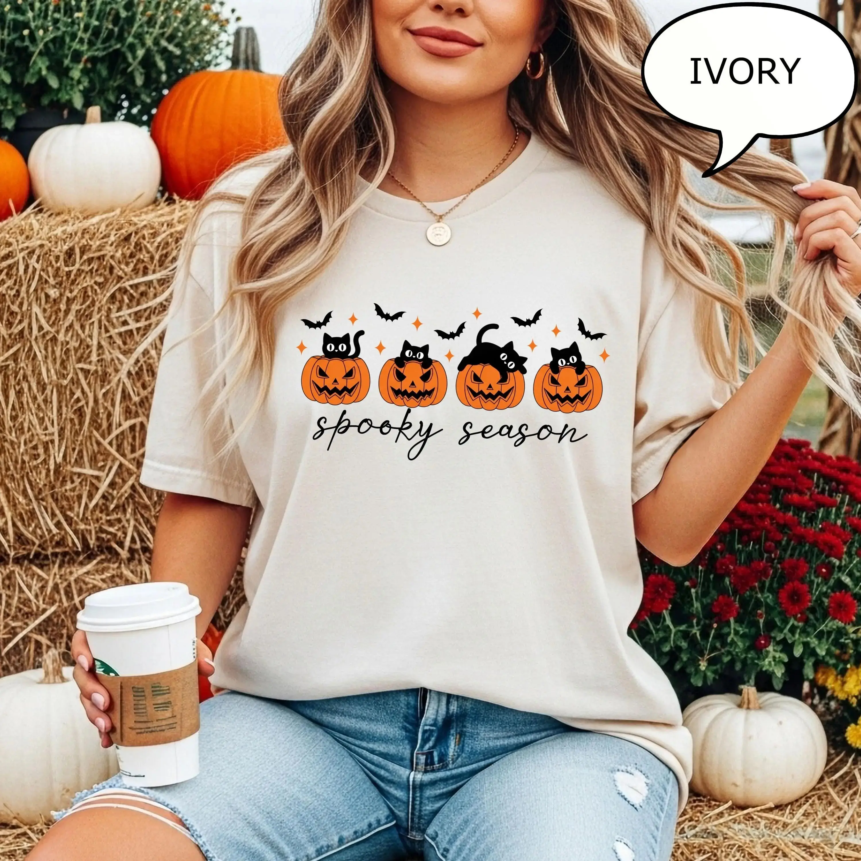 Comfort Colors Pumpkin and Cat T-Shirt, Cute Womens Spooky Season Fall Halloween Graphic Tee - photo 5