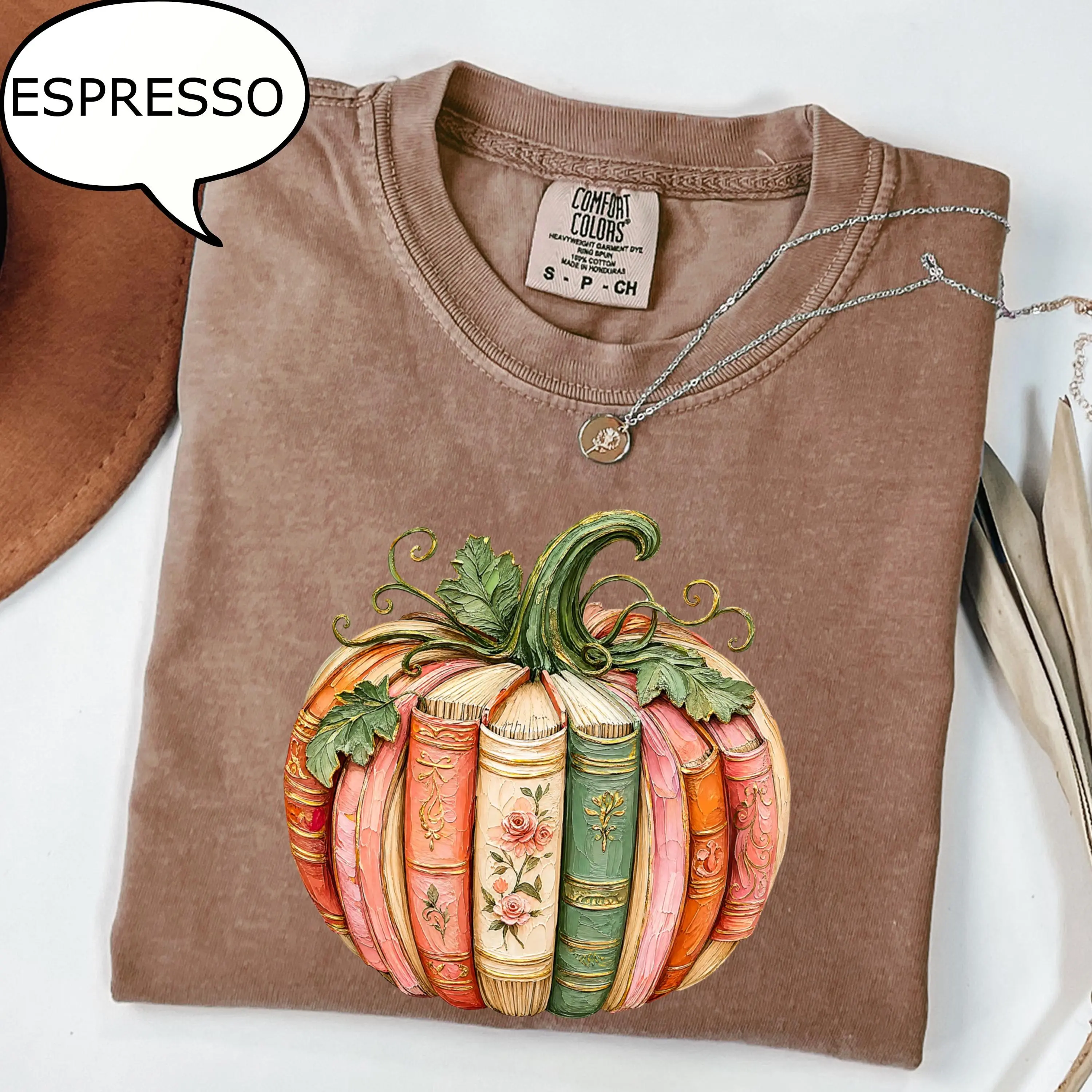 Comfort Colors Pumpkin Book T-Shirt, Autumn Teacher Graphic Tee, Fall Reading Lover Gift - photo 2
