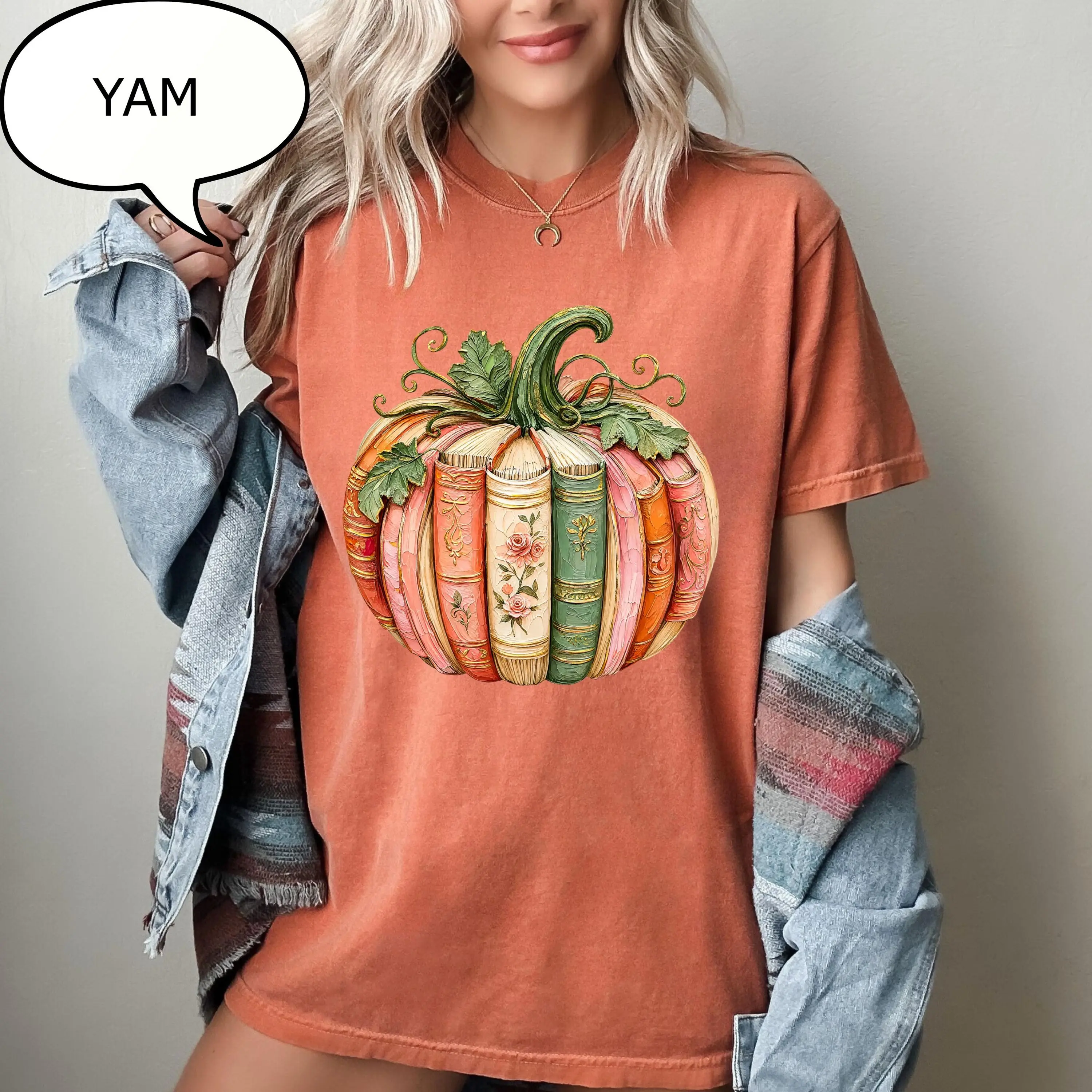 Comfort Colors Pumpkin Book T-Shirt, Autumn Teacher Graphic Tee, Fall Reading Lover Gift - photo 3