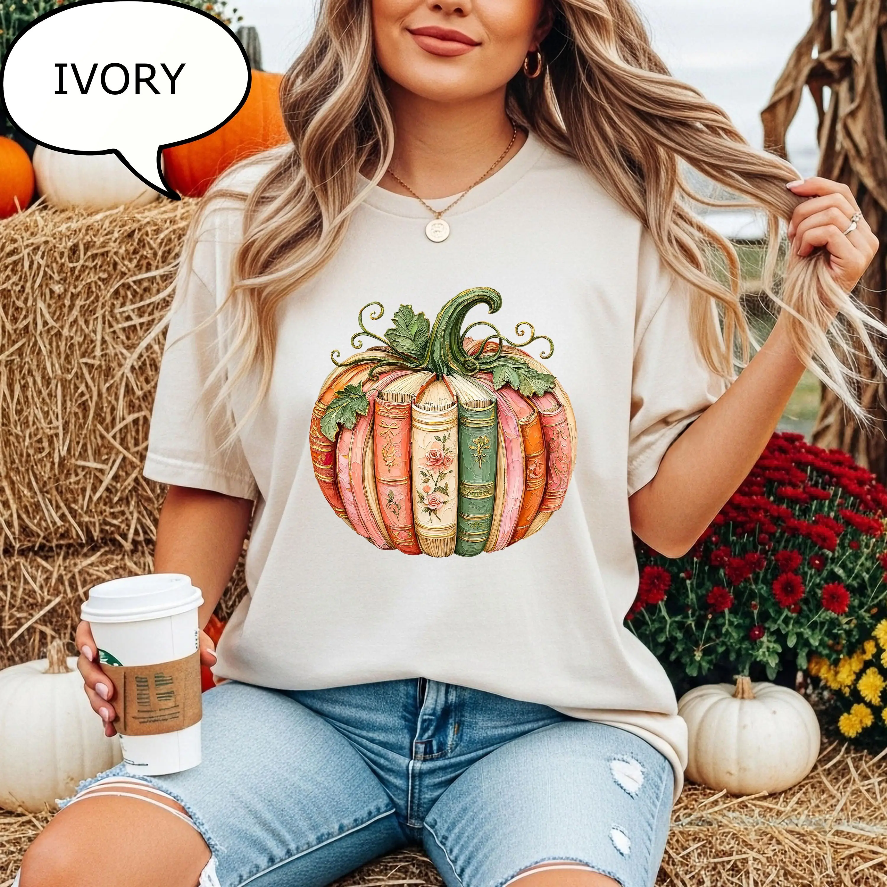 Comfort Colors Pumpkin Book T-Shirt, Autumn Teacher Graphic Tee, Fall Reading Lover Gift - photo 4