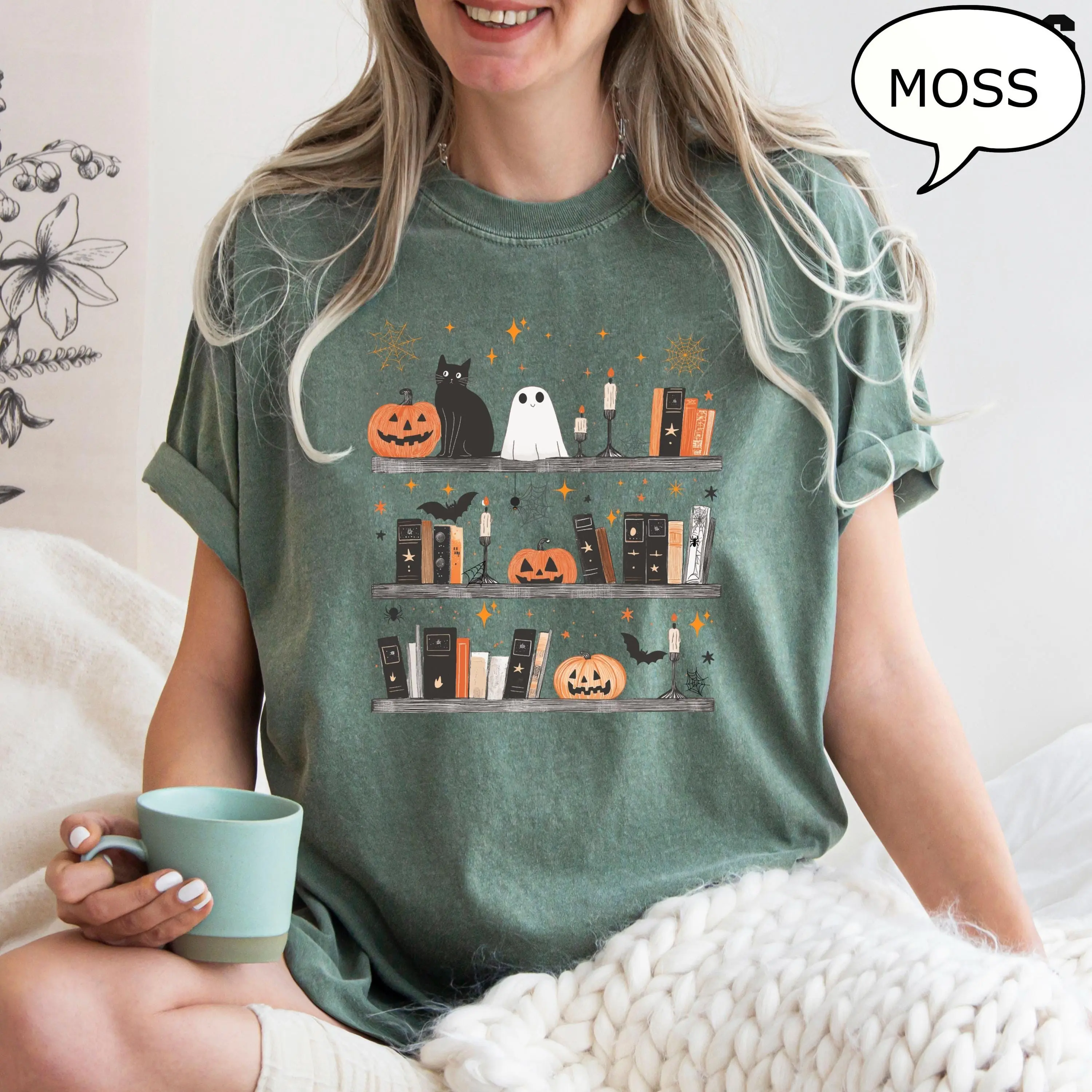 Comfort Colors Pumpkin Cat Ghost and Book Shirt, Retro Halloween Teacher Tee, Reading Lover Gift - photo 2