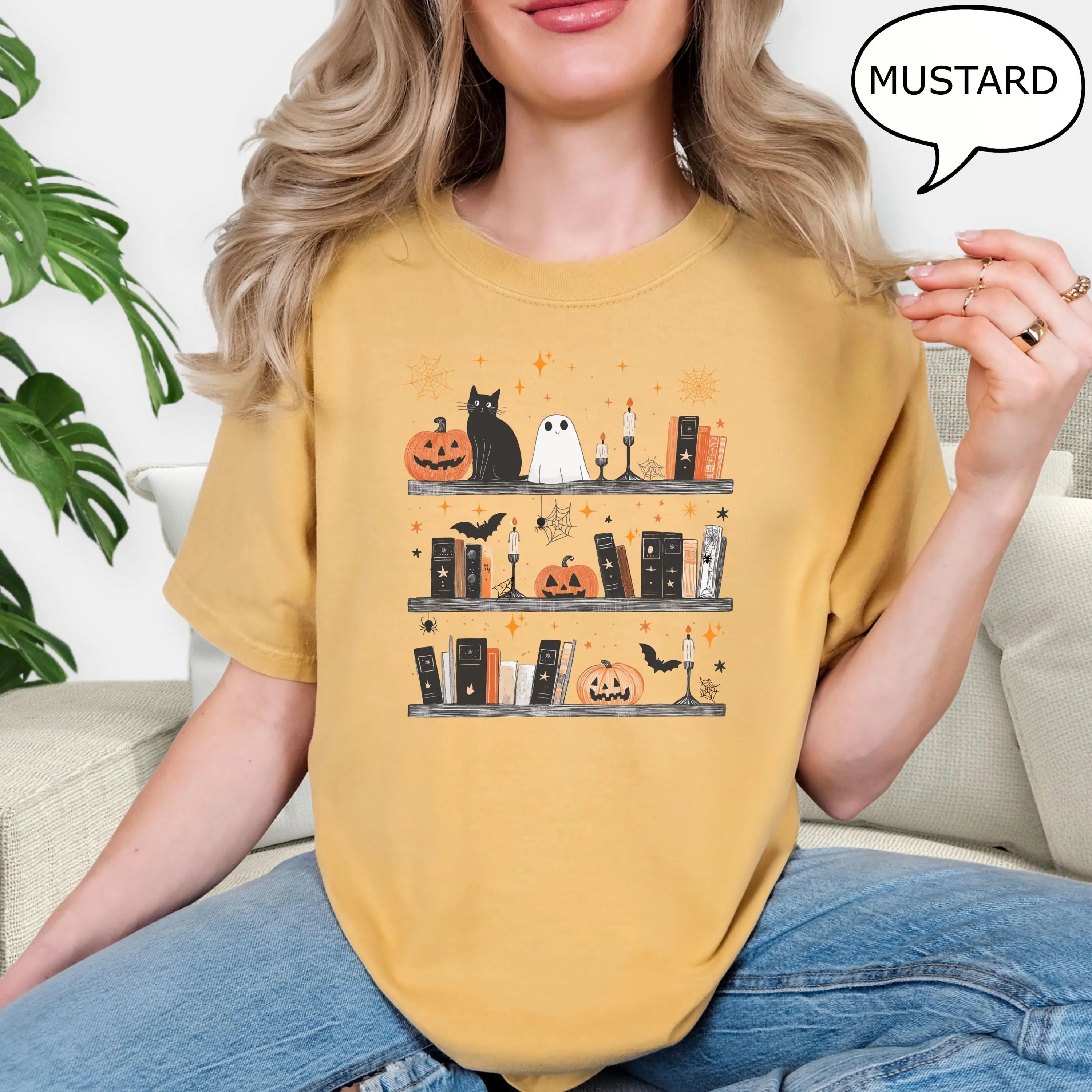 Comfort Colors Pumpkin Cat Ghost and Book Shirt, Retro Halloween Teacher Tee, Reading Lover Gift - photo 3