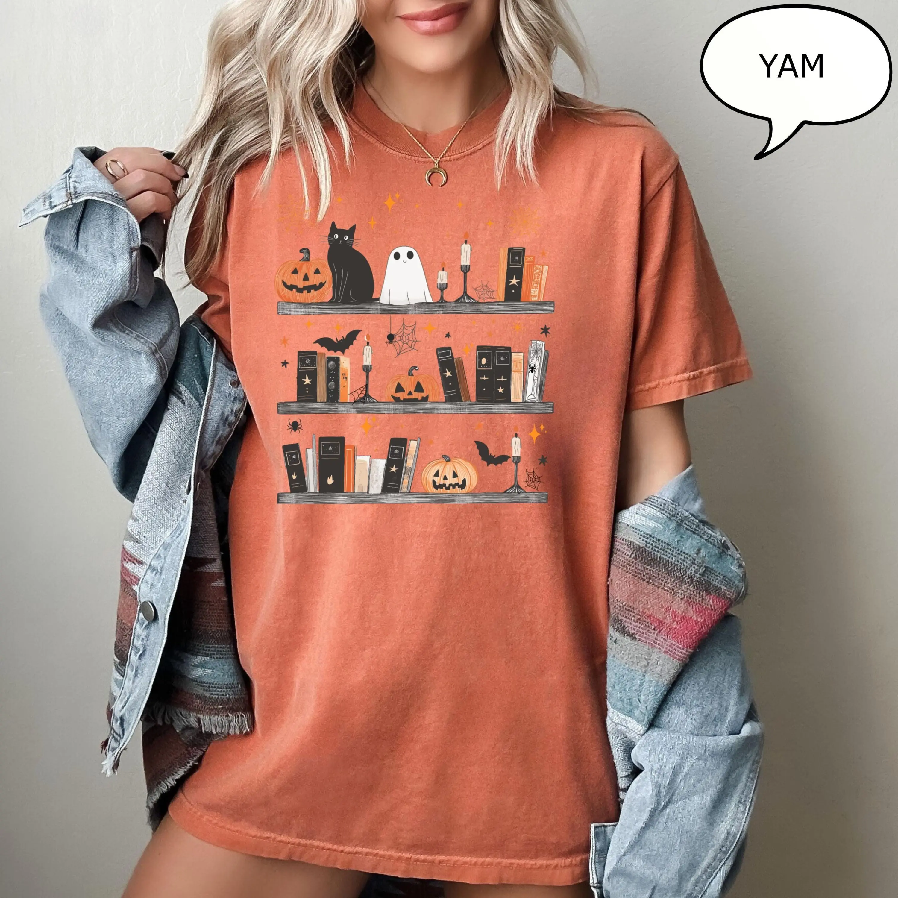 Comfort Colors Pumpkin Cat Ghost and Book Shirt, Retro Halloween Teacher Tee, Reading Lover Gift - photo 4