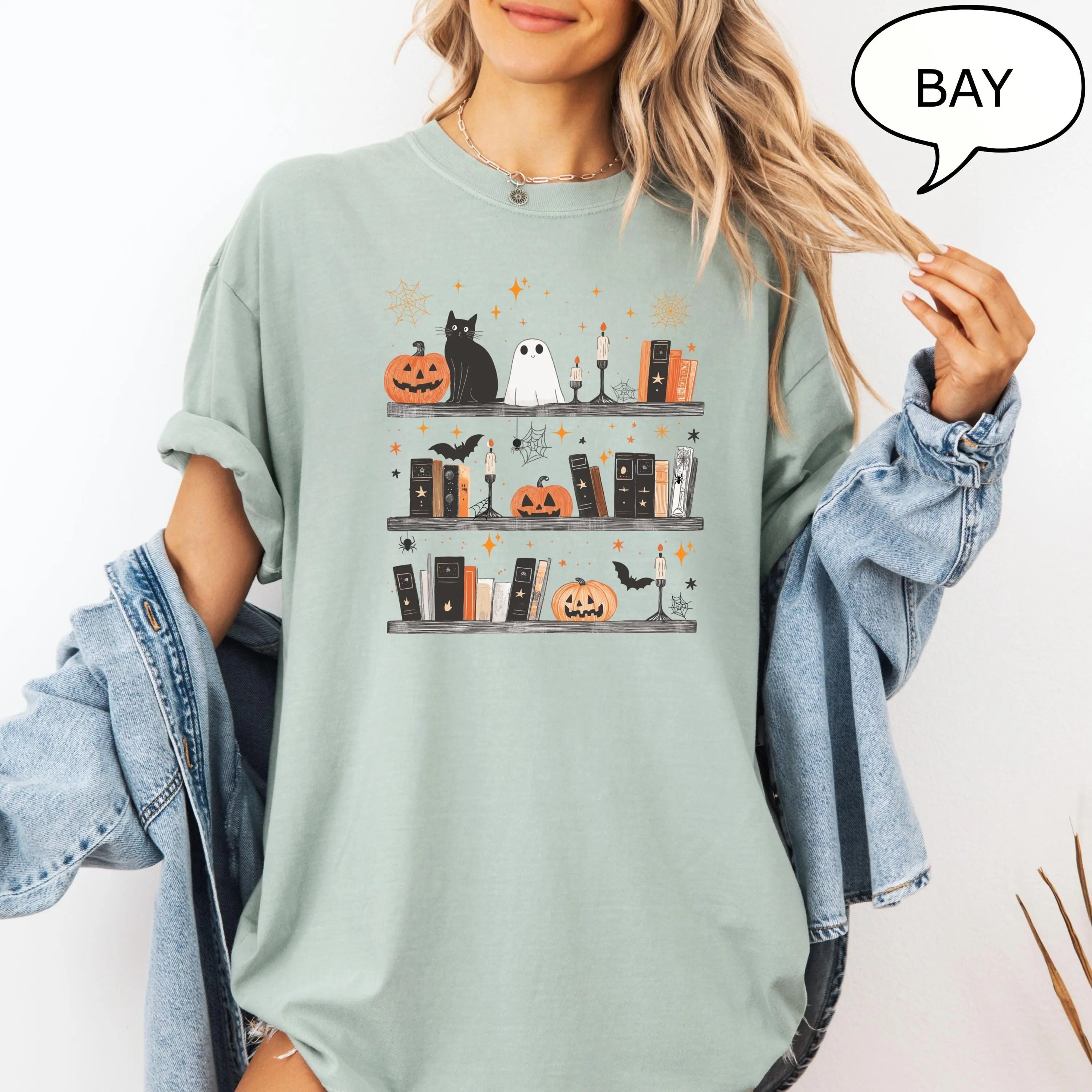 Comfort Colors Pumpkin Cat Ghost and Book Shirt, Retro Halloween Teacher Tee, Reading Lover Gift - photo 5
