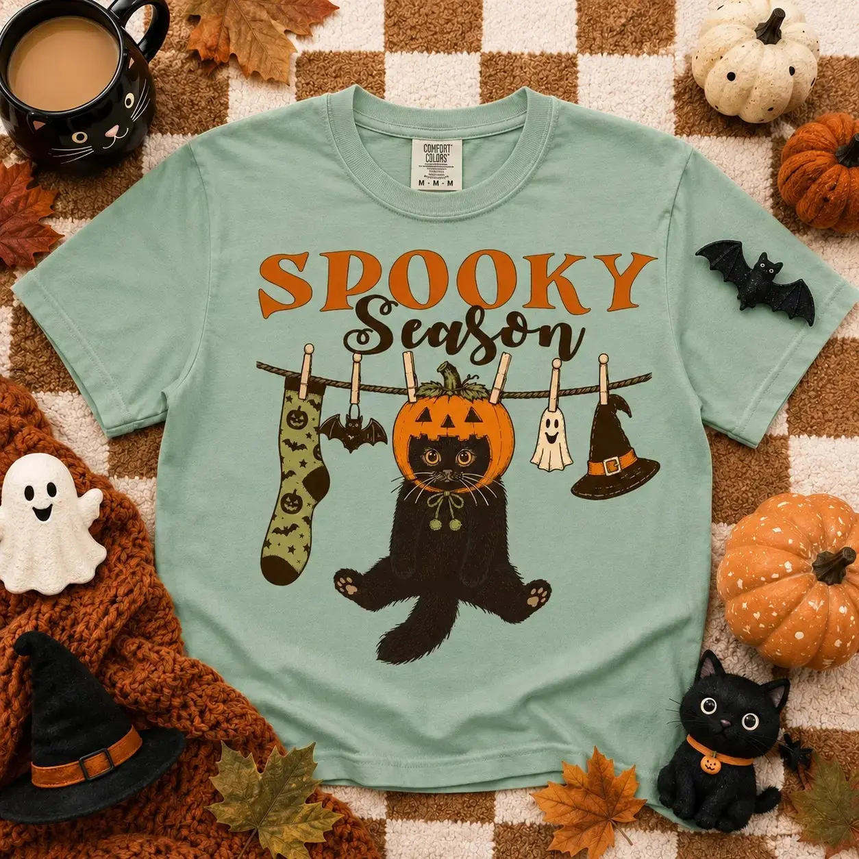 Comfort Colors Pumpkin Cat Shirt, Cute Black Halloween Kitty Graphic Tee, Retro Vintage Fall Spooky Season Womens Autumn