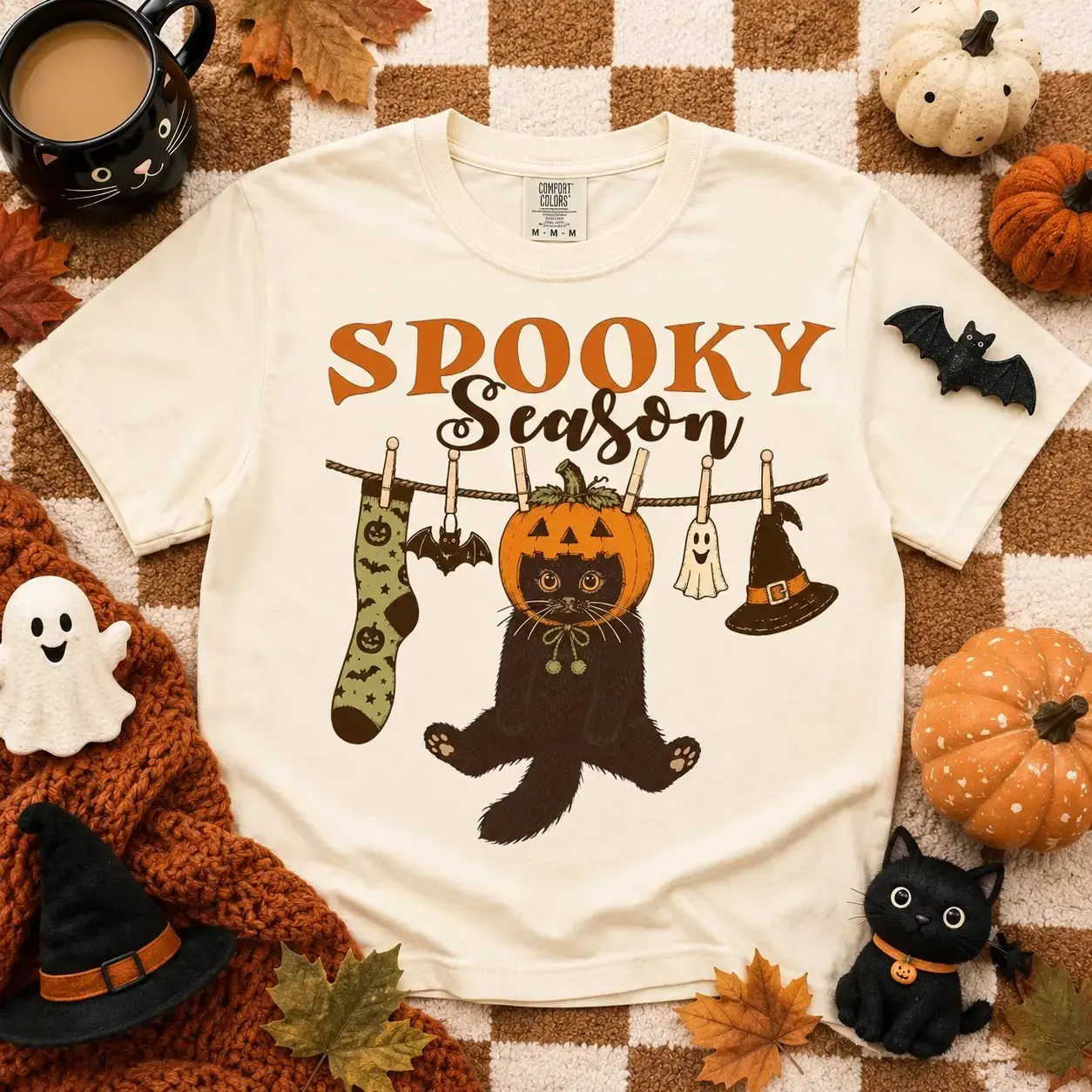 Comfort Colors Pumpkin Cat Shirt, Cute Black Halloween Kitty Graphic Tee, Retro Vintage Fall Spooky Season Womens Autumn - photo 2