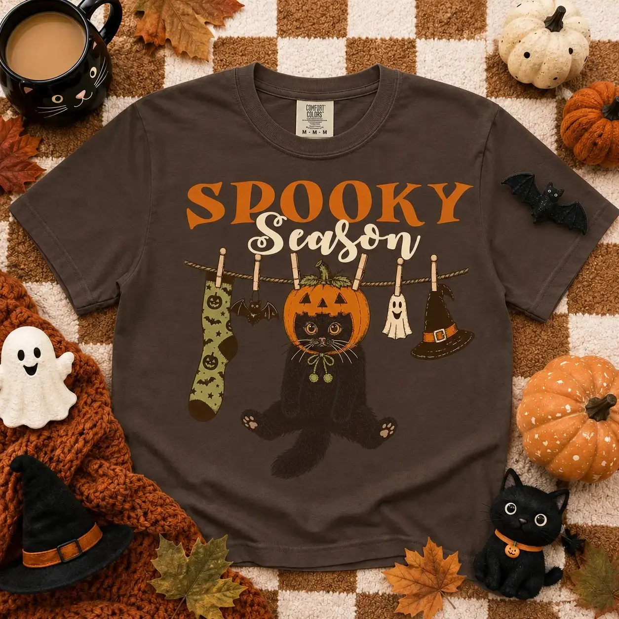 Comfort Colors Pumpkin Cat Shirt, Cute Black Halloween Kitty Graphic Tee, Retro Vintage Fall Spooky Season Womens Autumn - photo 3