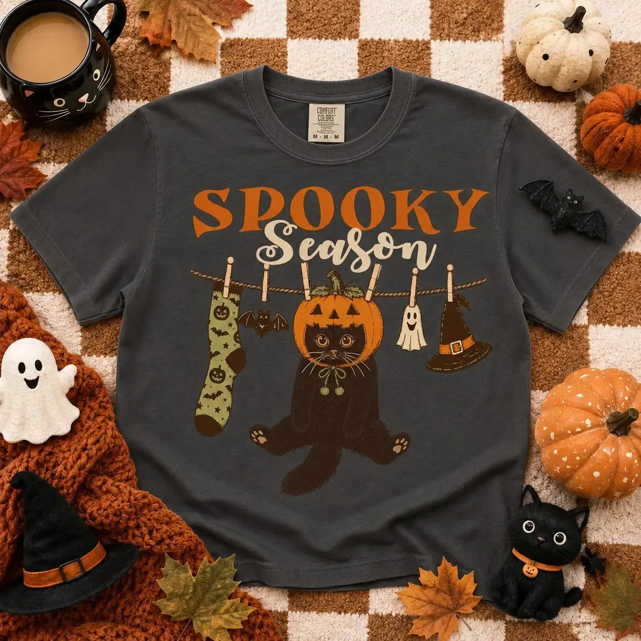 Comfort Colors Pumpkin Cat Shirt, Cute Black Halloween Kitty Graphic Tee, Retro Vintage Fall Spooky Season Womens Autumn - photo 5