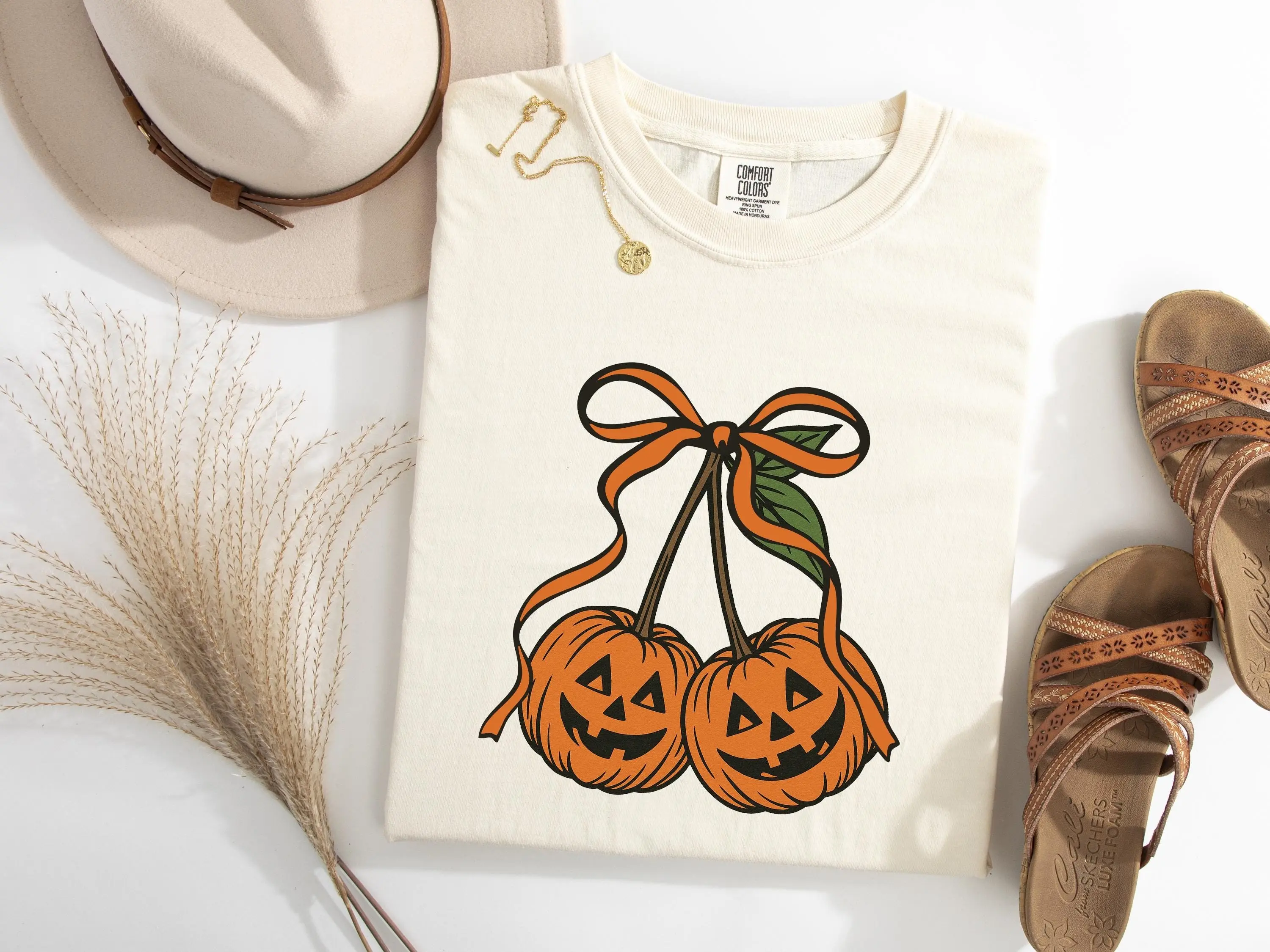 Comfort Colors Pumpkin Cherries Shirt, Cute Autumn Halloween Coquette Graphic Tee - photo 3