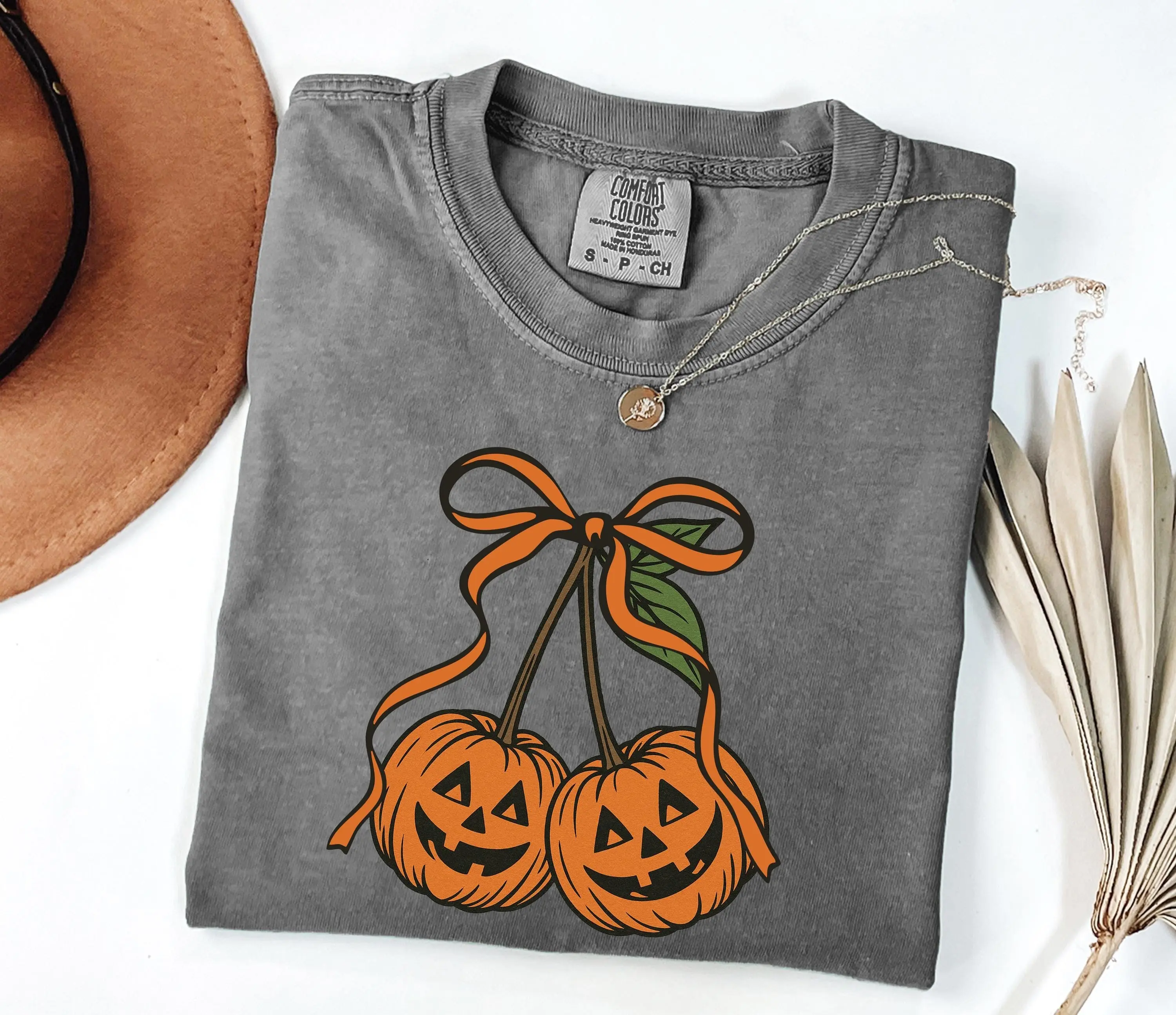 Comfort Colors Pumpkin Cherries Shirt, Cute Autumn Halloween Coquette Graphic Tee - photo 5
