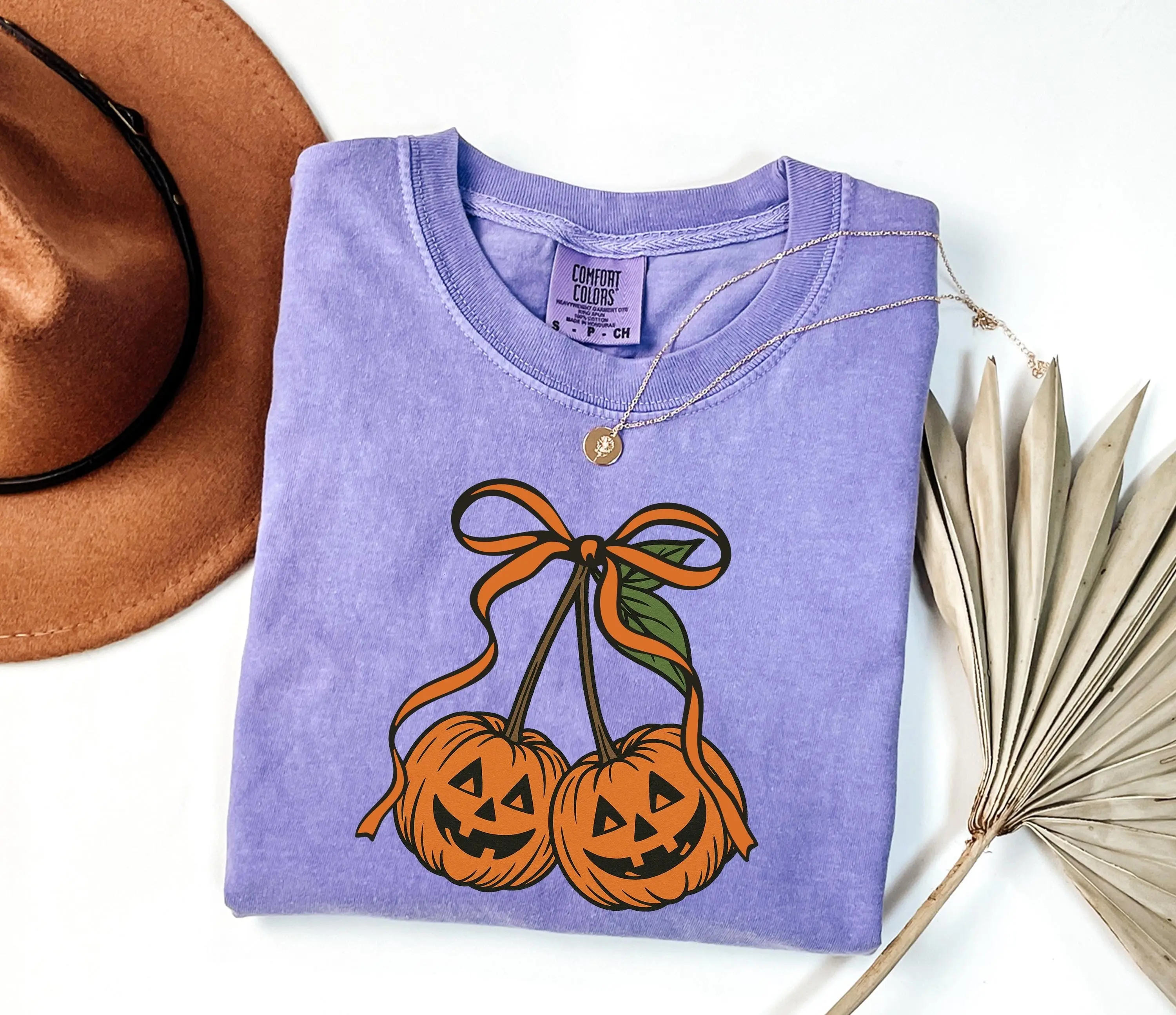 Comfort Colors Pumpkin Cherries Sweatshirt, Cute Autumn Halloween Coquette Graphic Crewneck