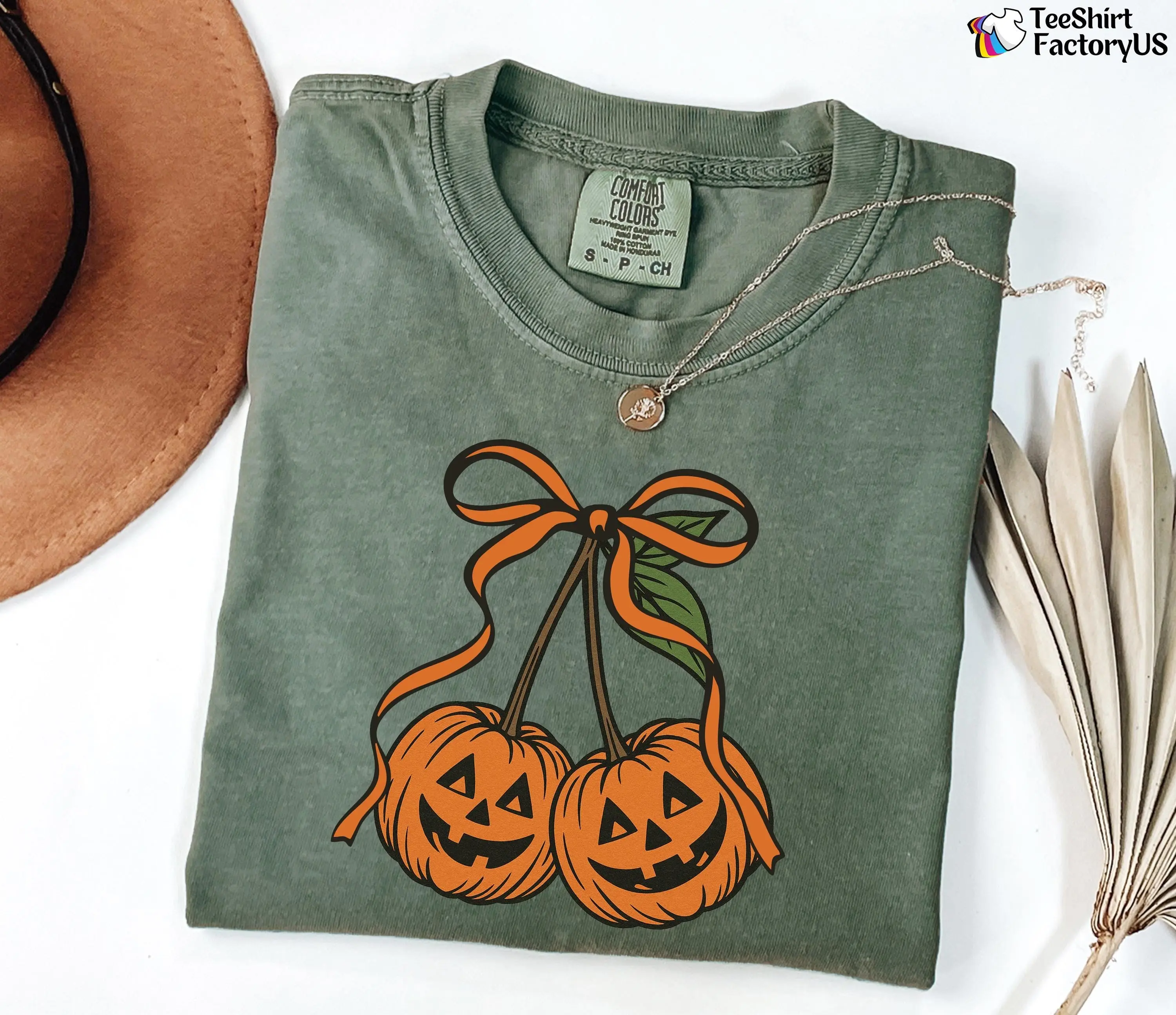 Comfort Colors Pumpkin Cherries Sweatshirt, Cute Autumn Halloween Coquette Graphic Crewneck - photo 2