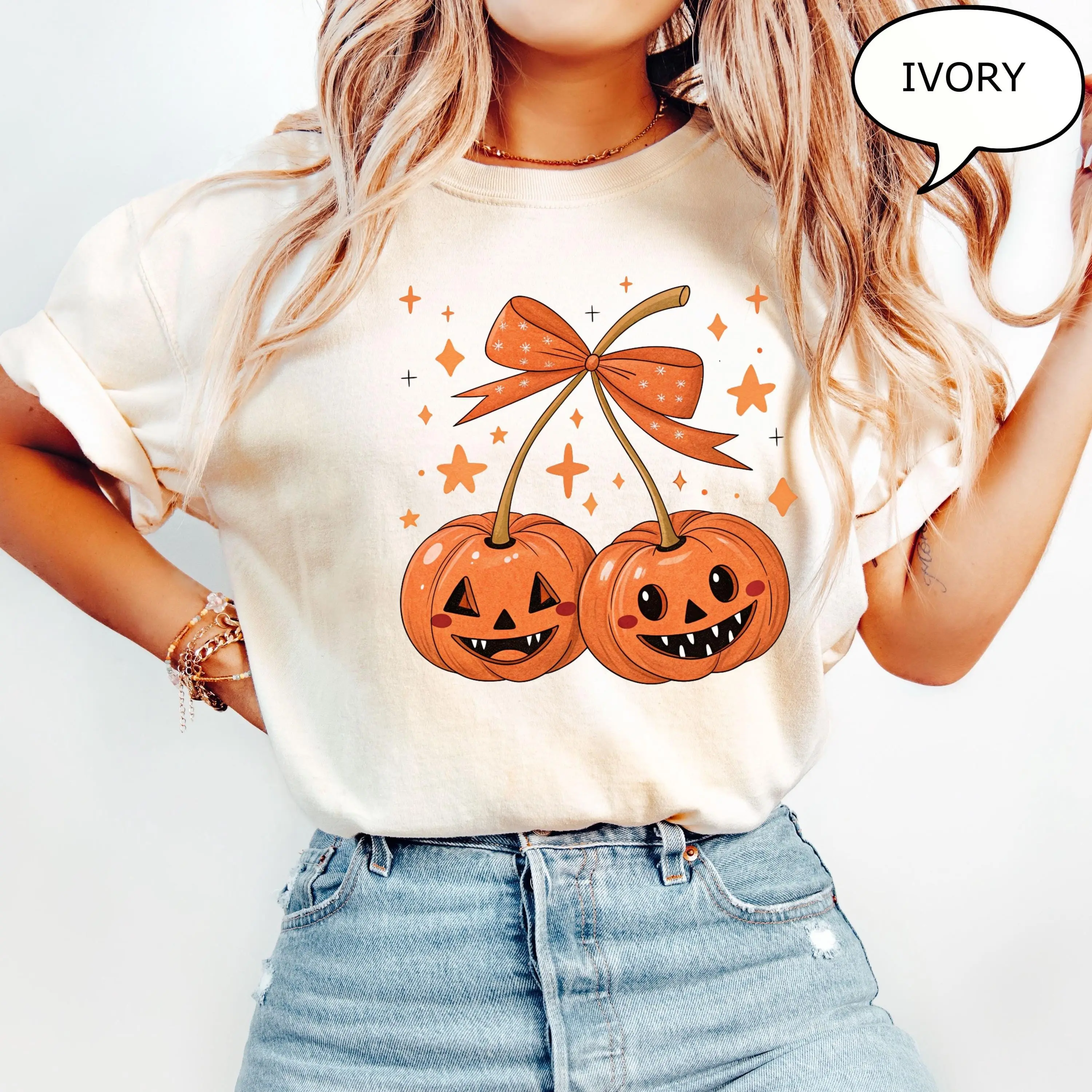 Comfort Colors Pumpkin Cherries T-Shirt, Fall Autumn Graphic Tee, Spooky Season Halloween Gift - photo 2