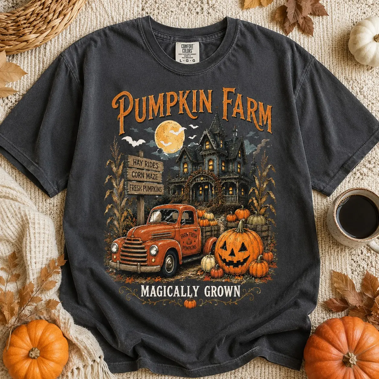 Comfort Colors Pumpkin Farm Shirt, Vintage Red Truck Haunted House Graphic Tee, Teens Short Sleeve Halloween Festival Top