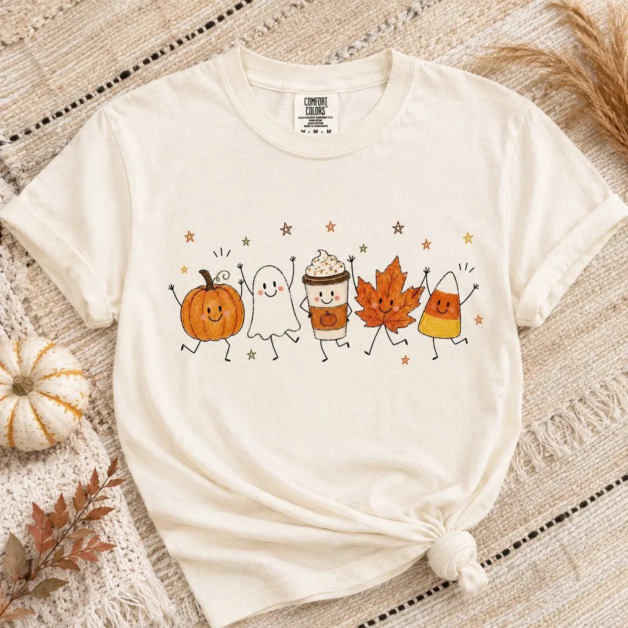 Comfort Colors Pumpkin Ghost Coffee Maple Leaf Friends Shirt, Thanksgiving Graphic Tee for Women