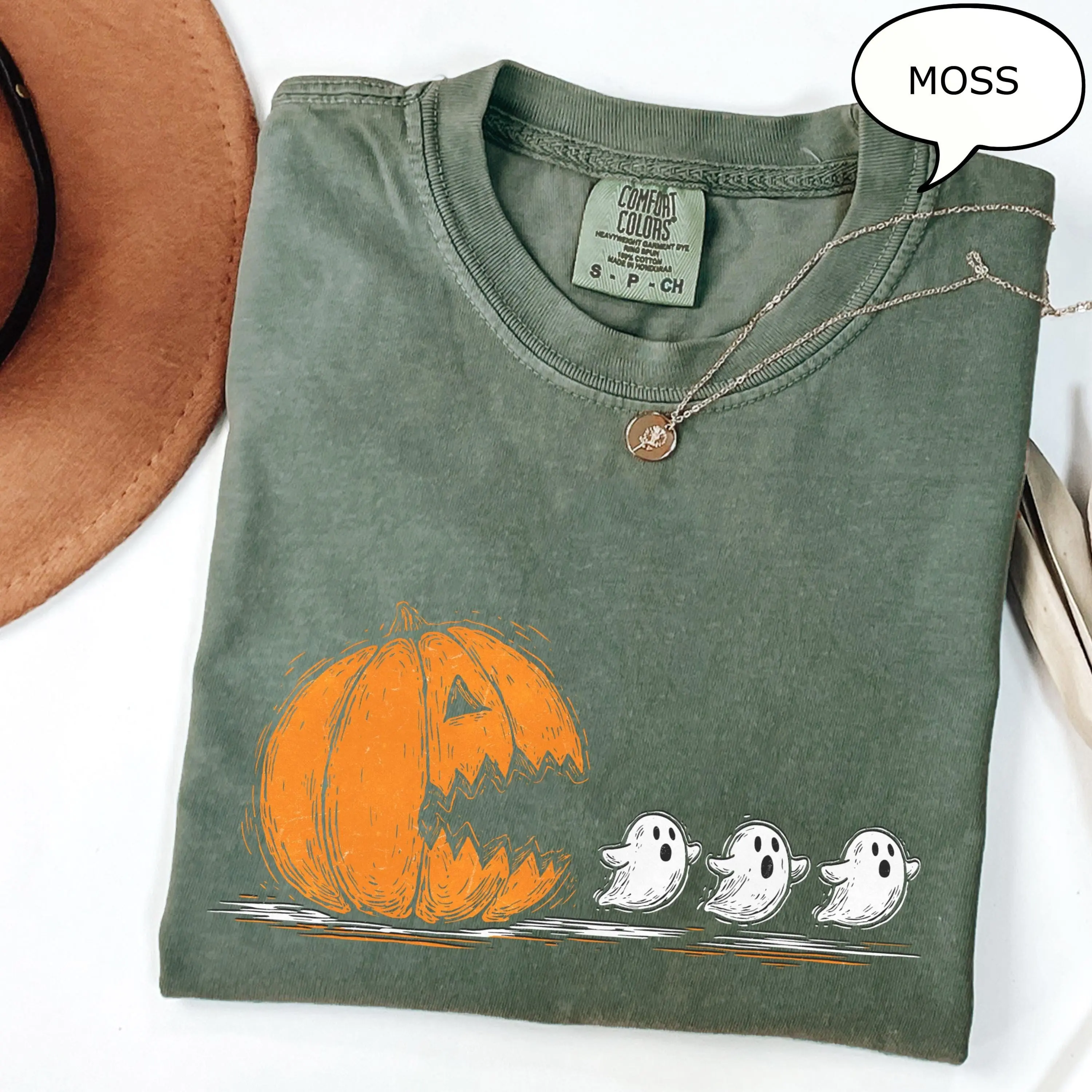 Comfort Colors Pumpkin Ghost T-Shirt, Halloween Witch Graphic Tee, Cute Fall Spooky Gift