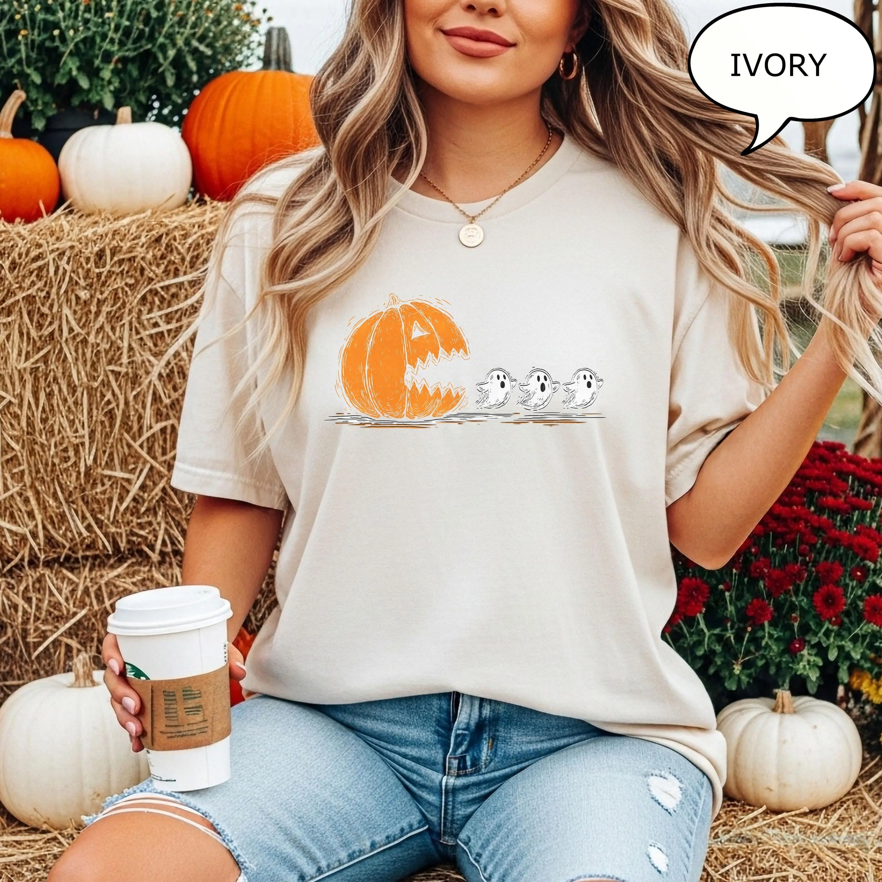 Comfort Colors Pumpkin Ghost T-Shirt, Halloween Witch Graphic Tee, Cute Fall Spooky Gift - photo 3