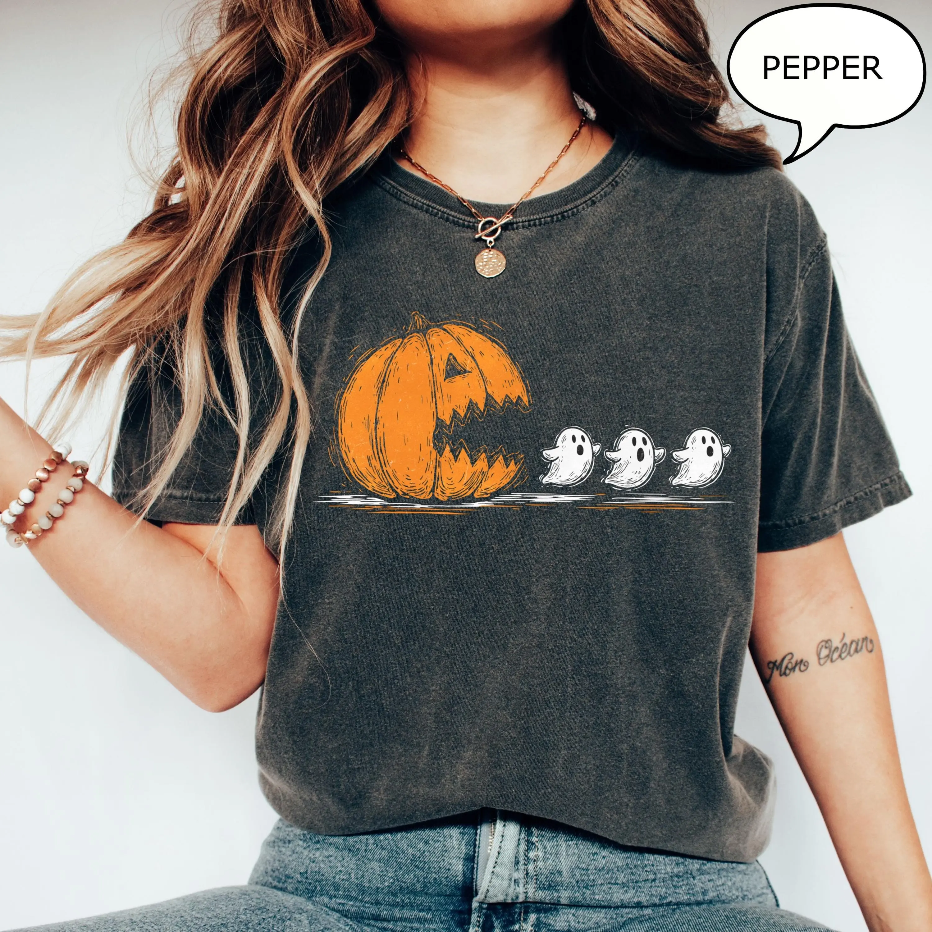 Comfort Colors Pumpkin Ghost T-Shirt, Halloween Witch Graphic Tee, Cute Fall Spooky Gift - photo 4